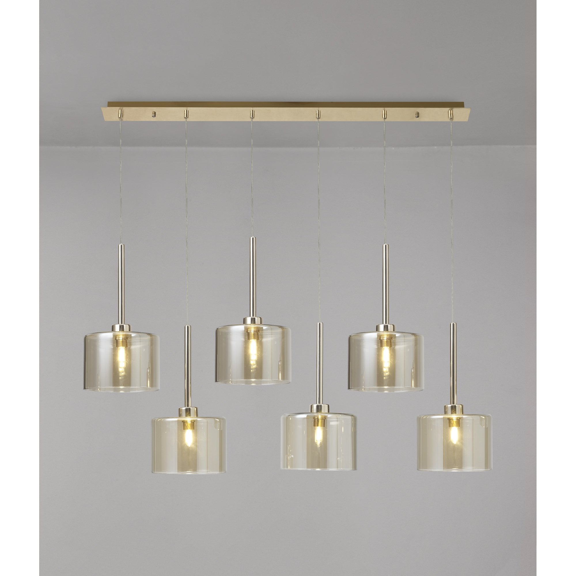 Fabula Tamworth 6 Light Linear Pendant - Short Cylinder Shades - French Gold & Cognac Glass