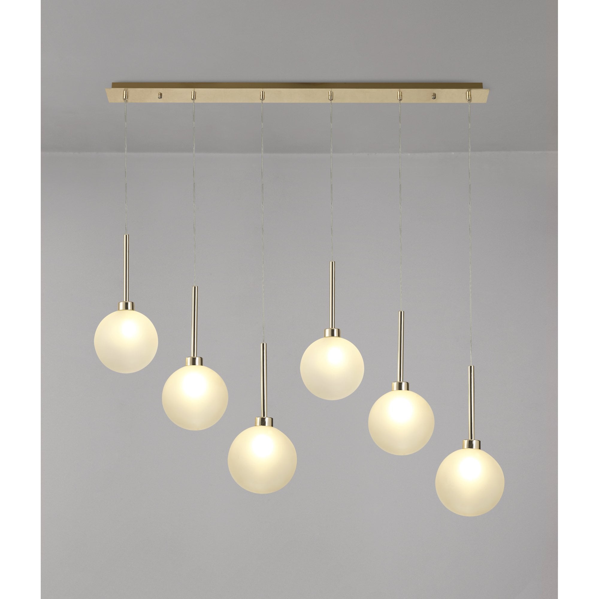 Fabula Tamworth 6 Light Linear Pendant - Round Shades with Inner Frosted Globes - French Gold & Frosted Glass