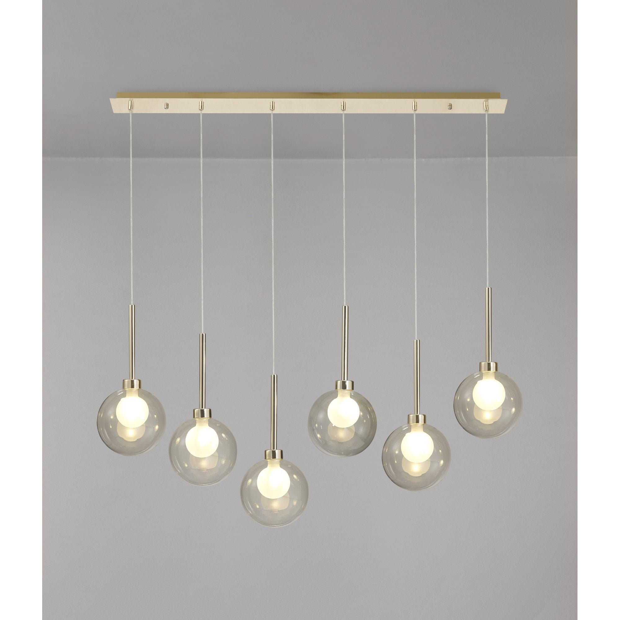 Fabula Tamworth 6 Light Linear Pendant - Round Shades with Inner Frosted Globes - French Gold, Clear & Frosted Glass