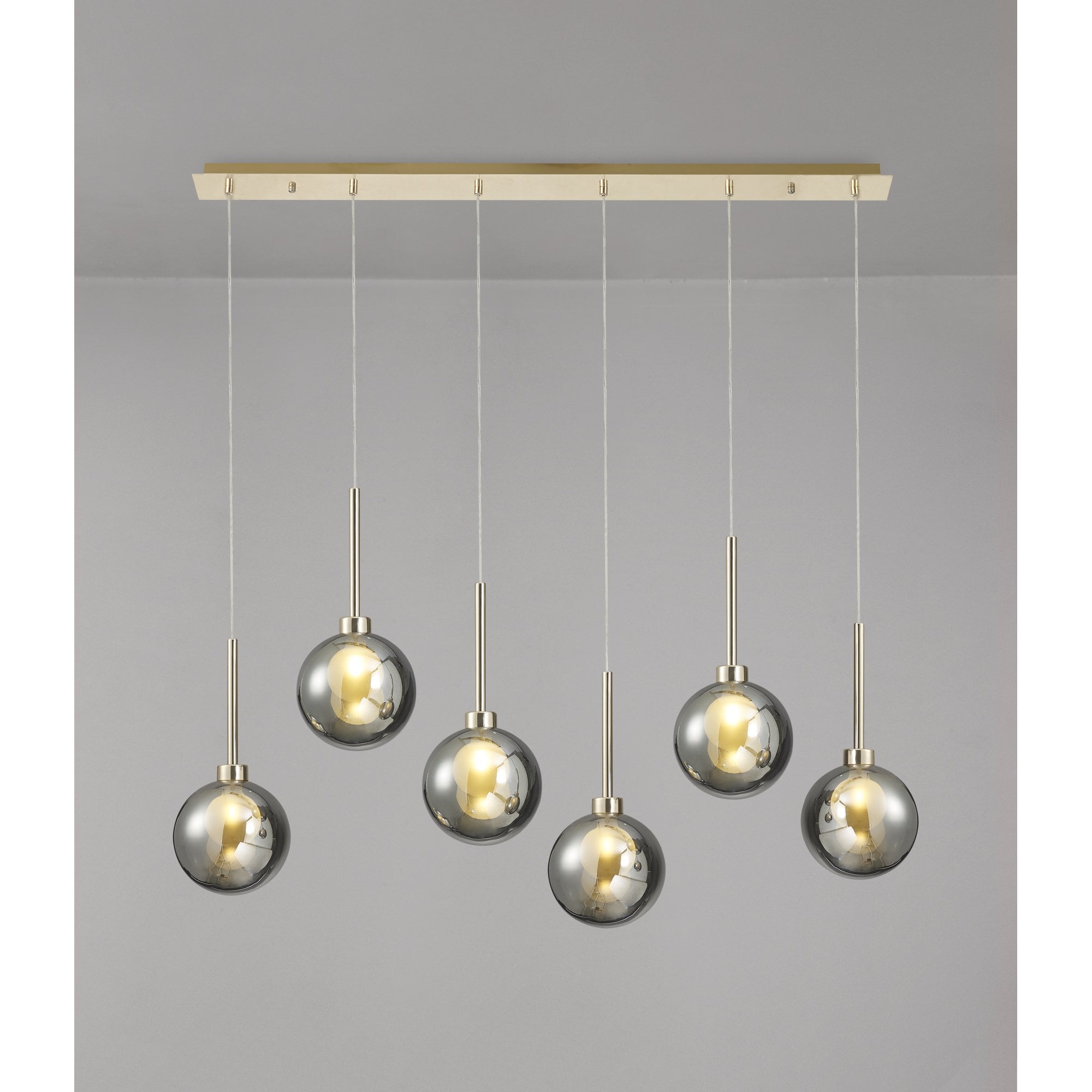 Fabula Tamworth 6 Light Linear Pendant - Round Shades with Inner Frosted Globes - French Gold, Chrome & Frosted Glass