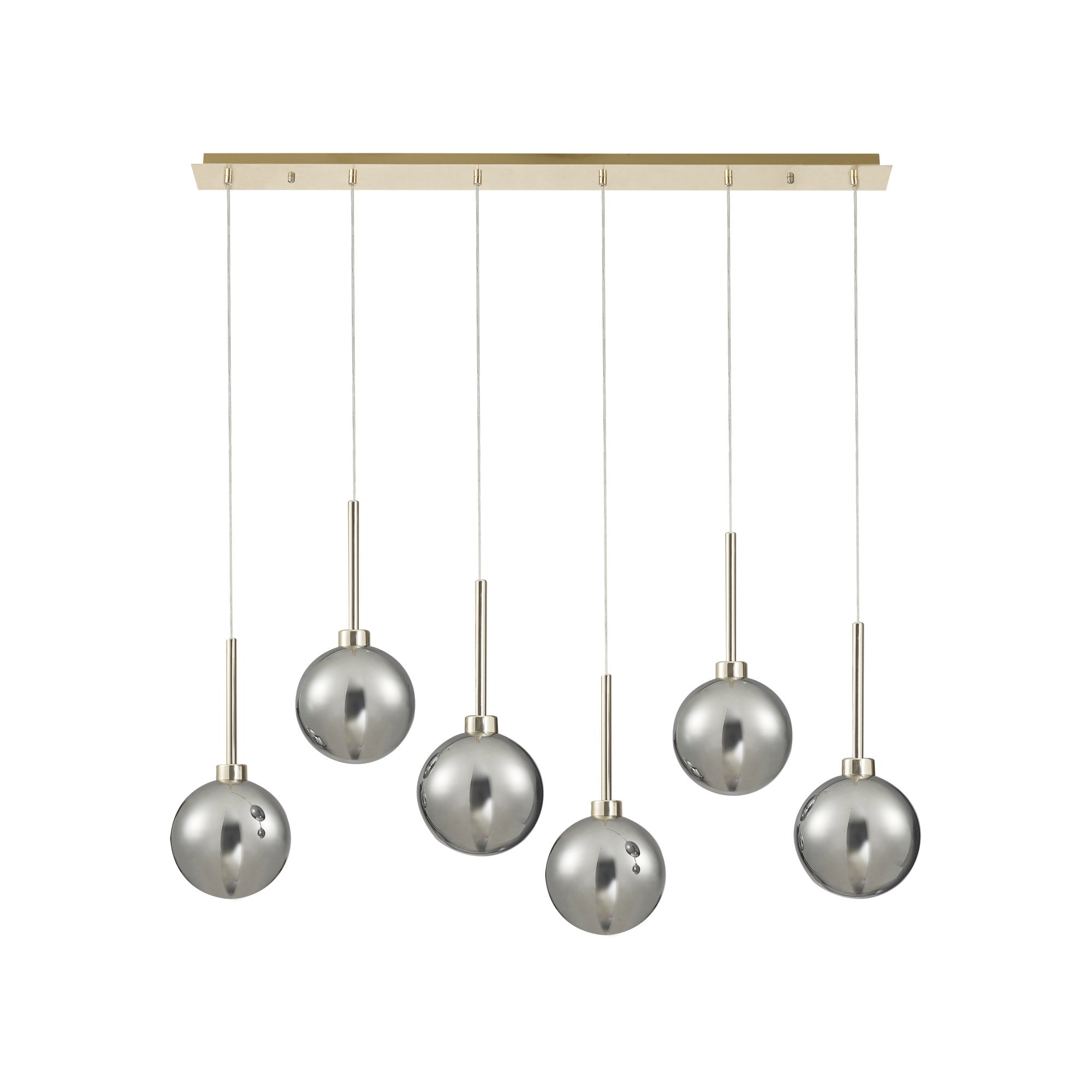 Fabula Tamworth 6 Light Linear Pendant - Round Shades with Inner Frosted Globes - French Gold, Chrome & Frosted Glass
