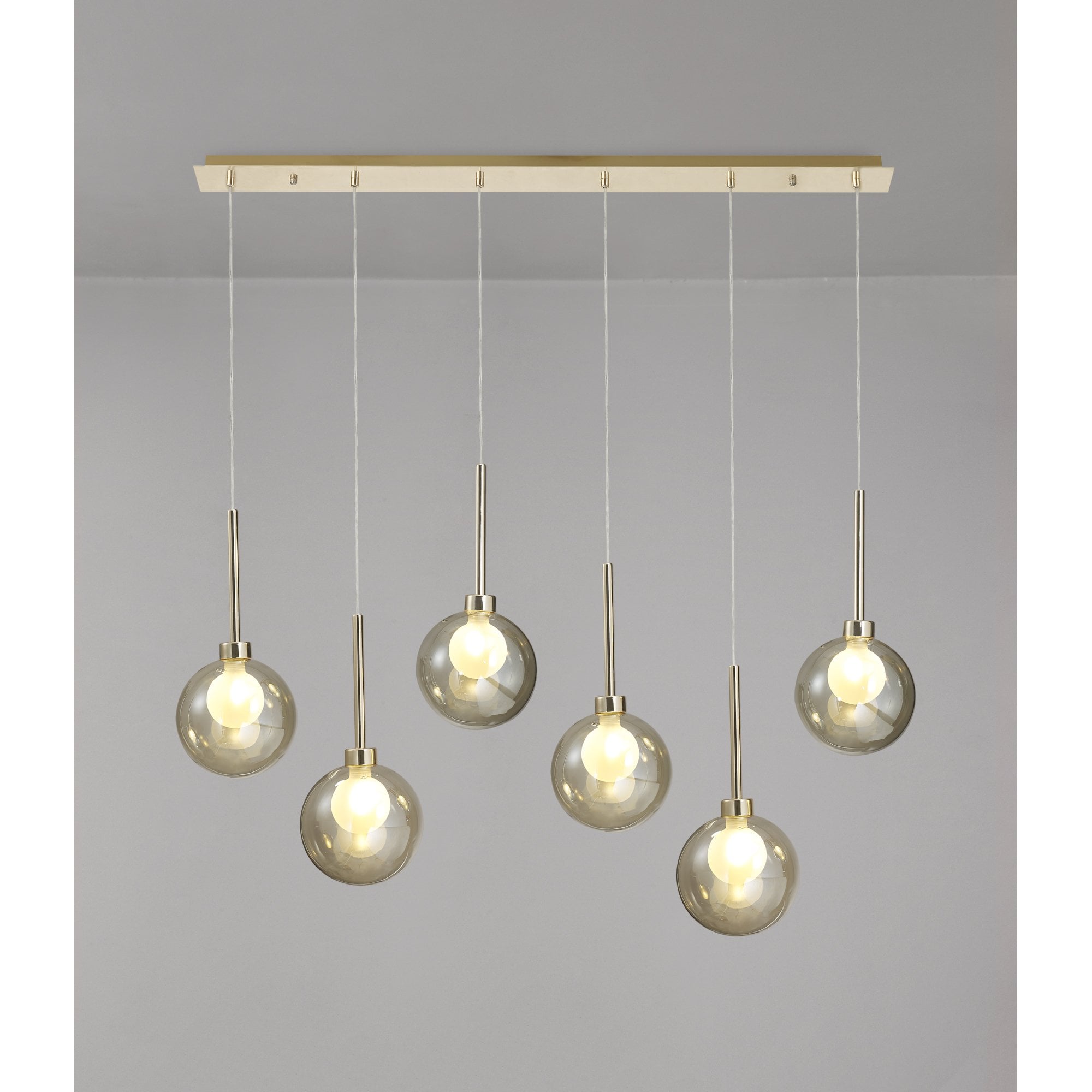 Fabula Tamworth 6 Light Linear Pendant - Round Shades with Inner Frosted Globes - French Gold, Cognac & Frosted Glass