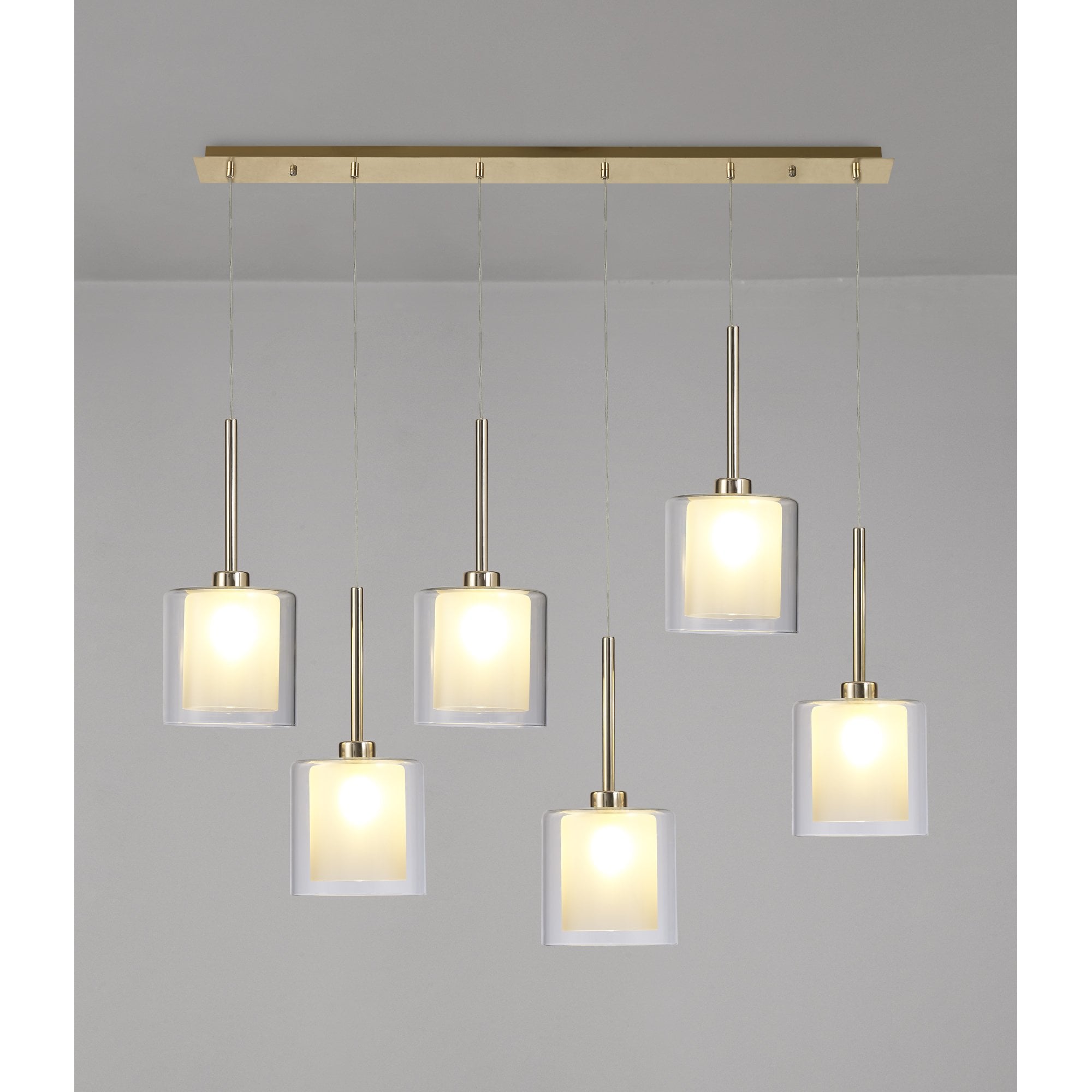 Fabula Tamworth 6 Light Linear Pendant - Medium Cylinder Shades with Clear Outer Glass - French Gold, Frosted & Clear Glass