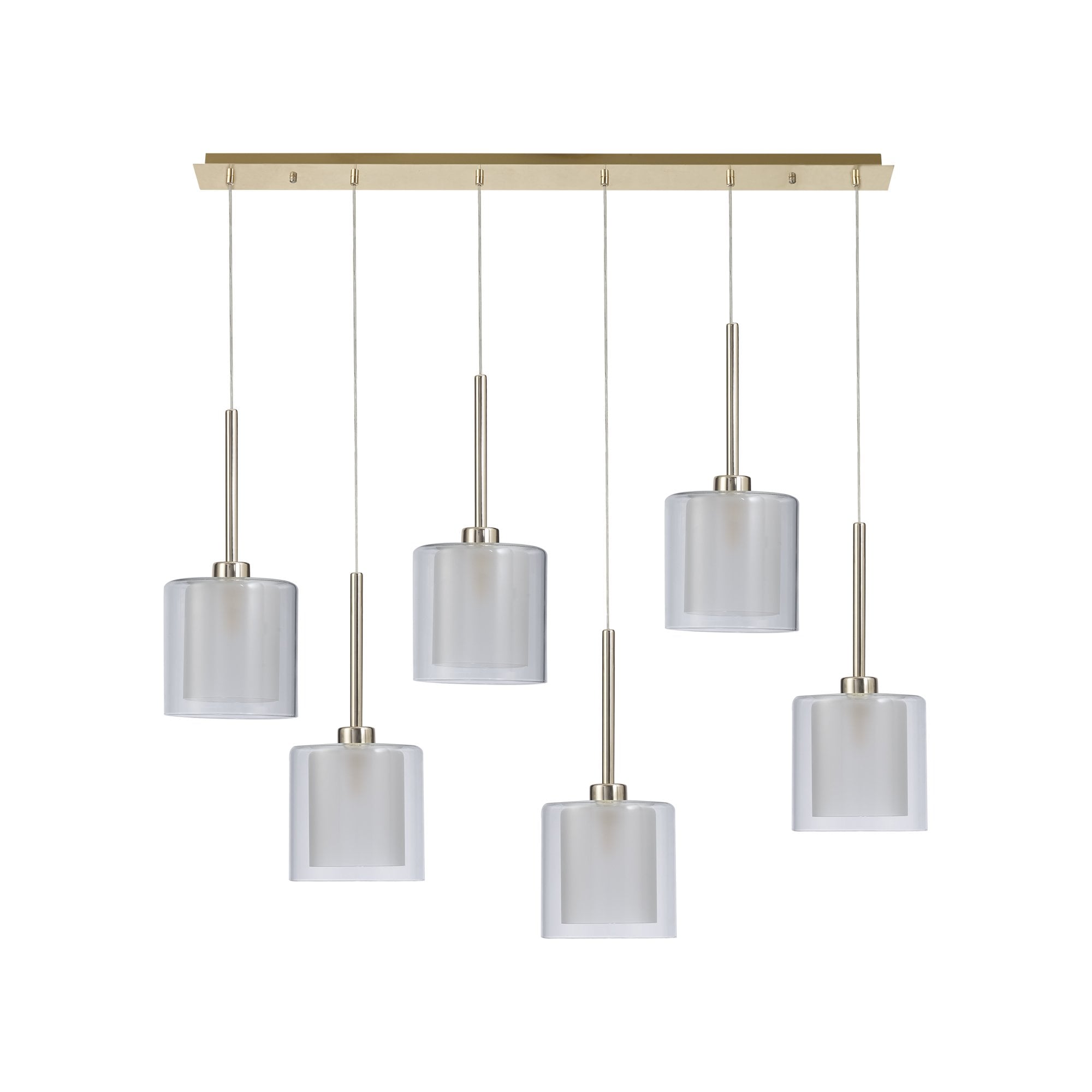 Fabula Tamworth 6 Light Linear Pendant - Medium Cylinder Shades with Clear Outer Glass - French Gold, Frosted & Clear Glass