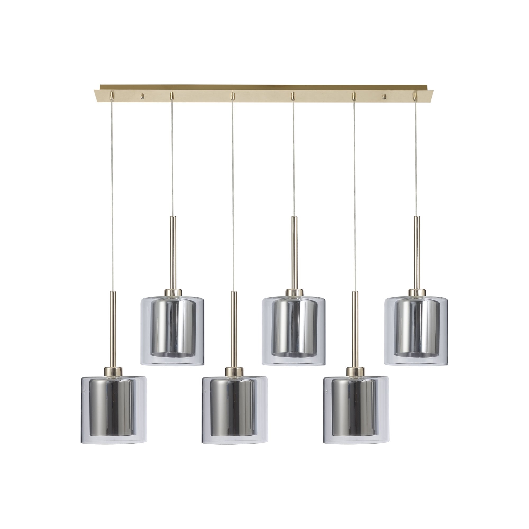 Fabula Tamworth 6 Light Linear Pendant - Medium Cylinder Shades with Clear Outer Glass - French Gold, Chrome & Clear Glass