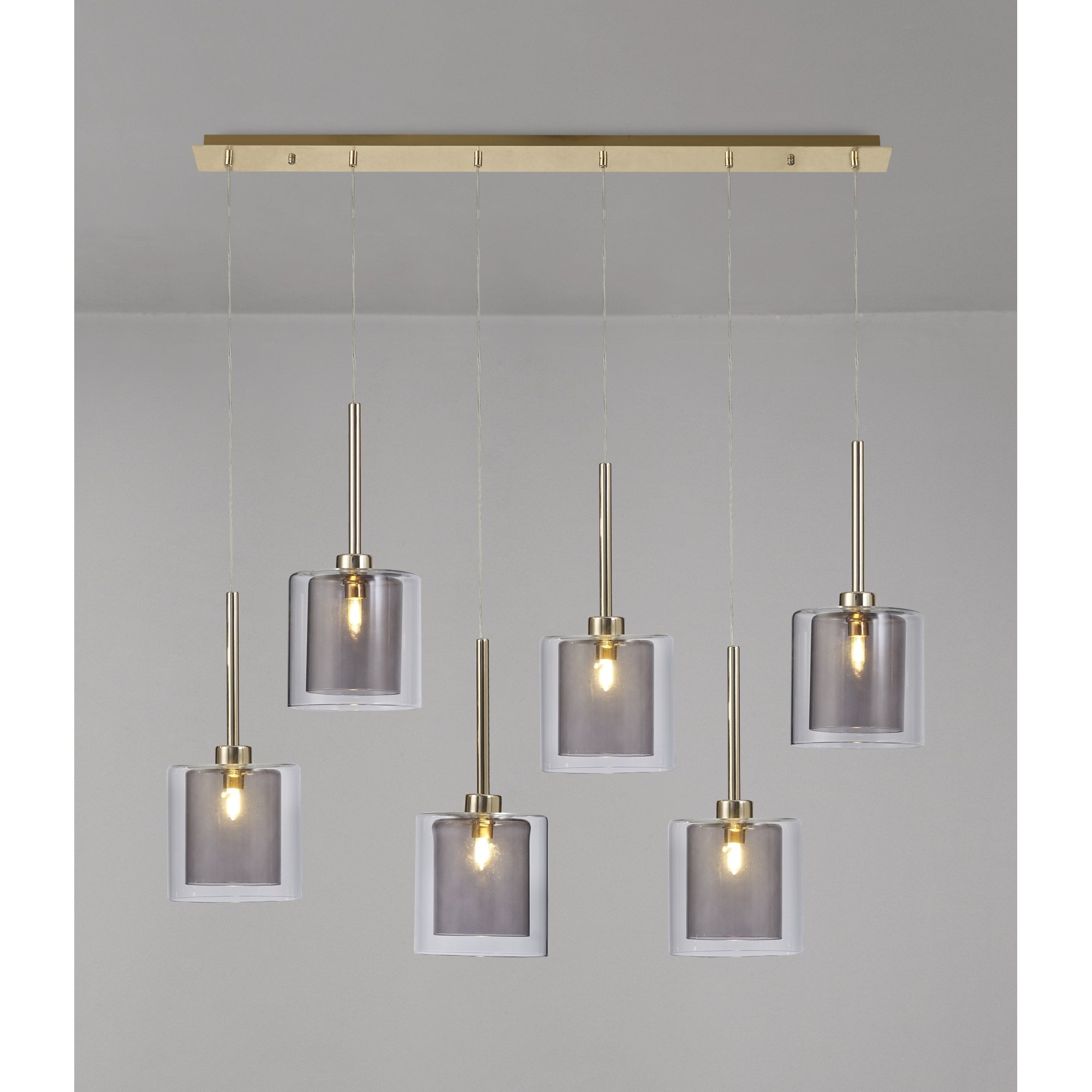 Fabula Tamworth 6 Light Linear Pendant - Medium Cylinder Shades with Clear Outer Glass - French Gold, Smoked & Clear Glass