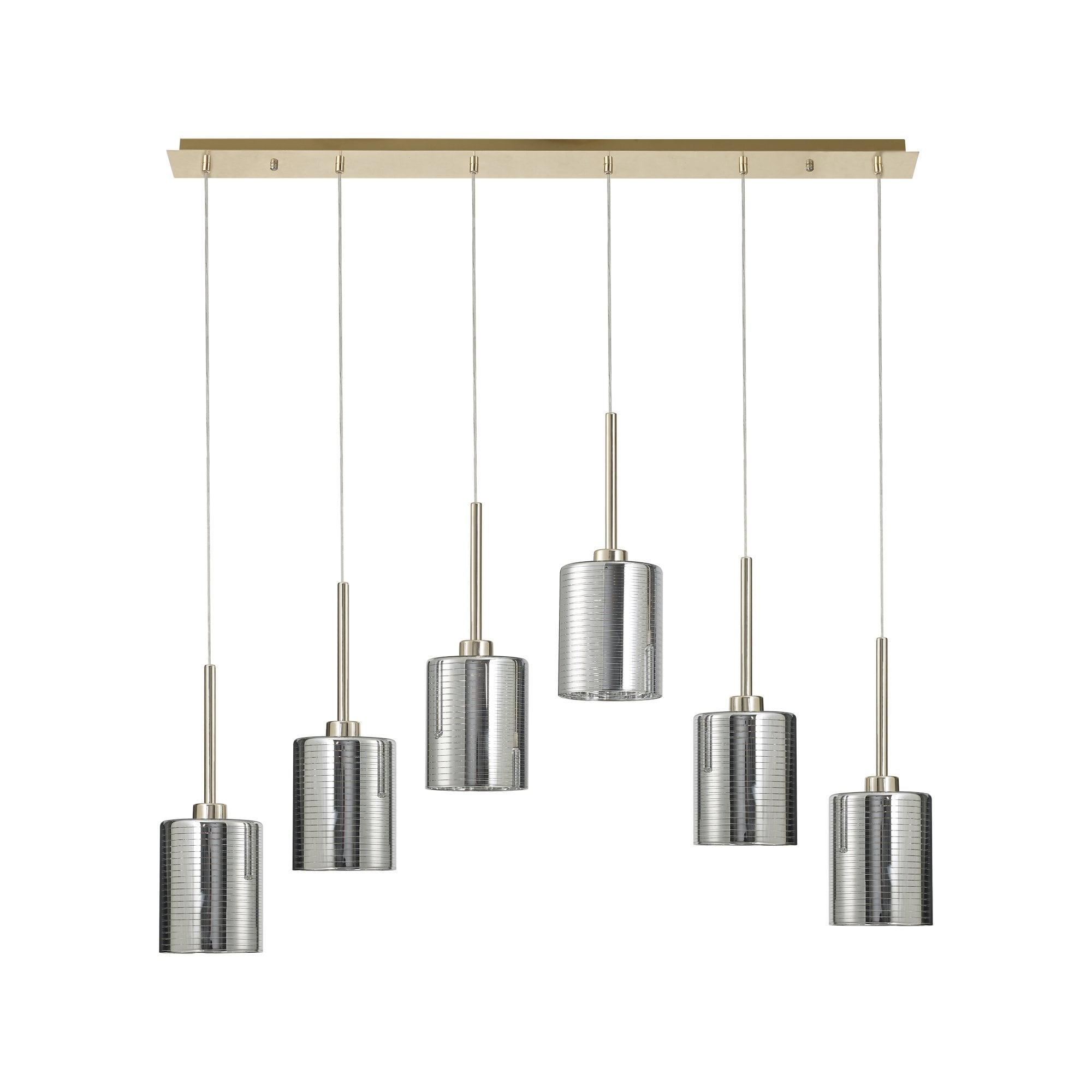 Fabula Tamworth 6 Light Linear Pendant - Medium Cylinder Shades - French Gold & Chrome Lined Glass