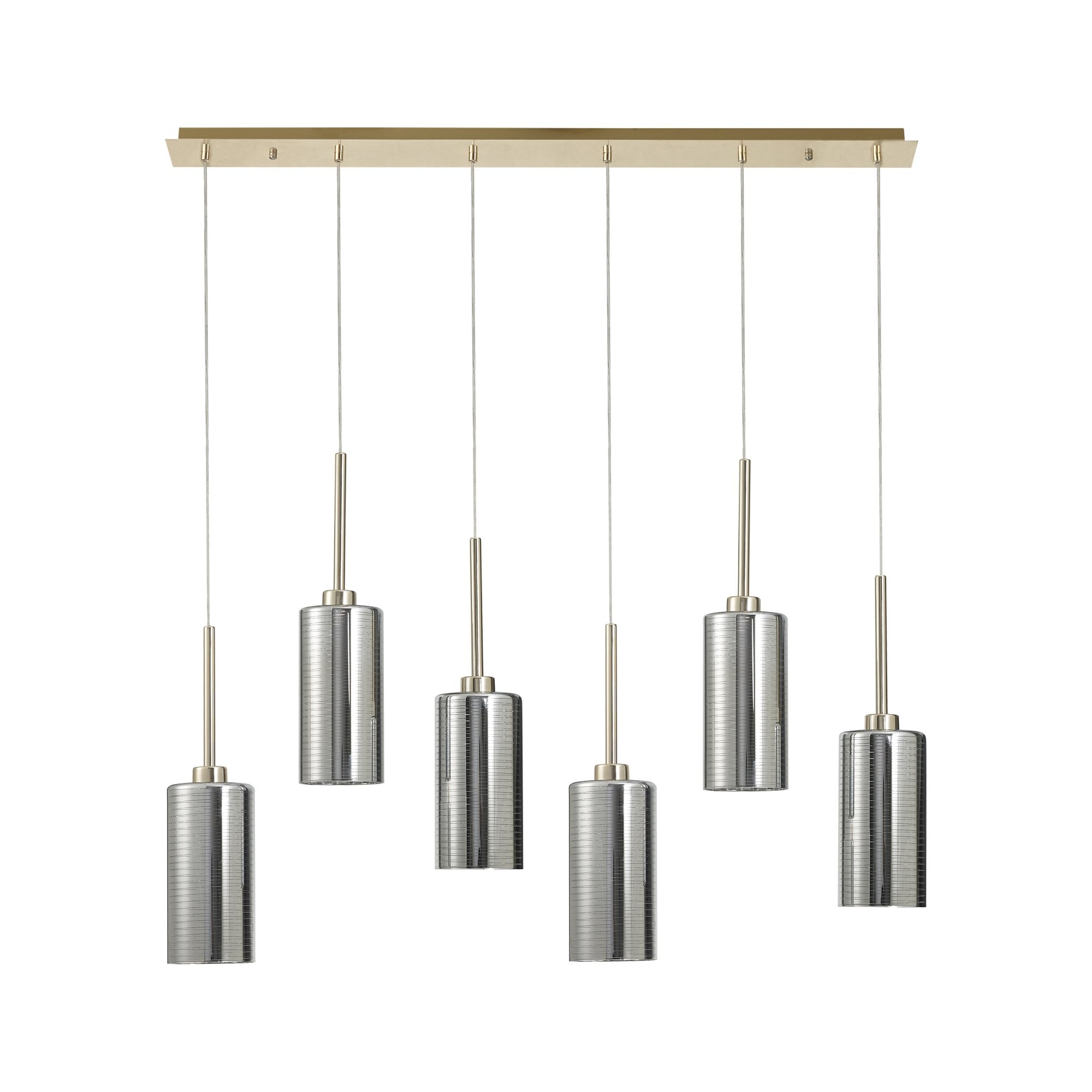 Fabula Tamworth 6 Light Linear Pendant - Tall Cylinder Shades - French Gold & Chrome Lined Glass