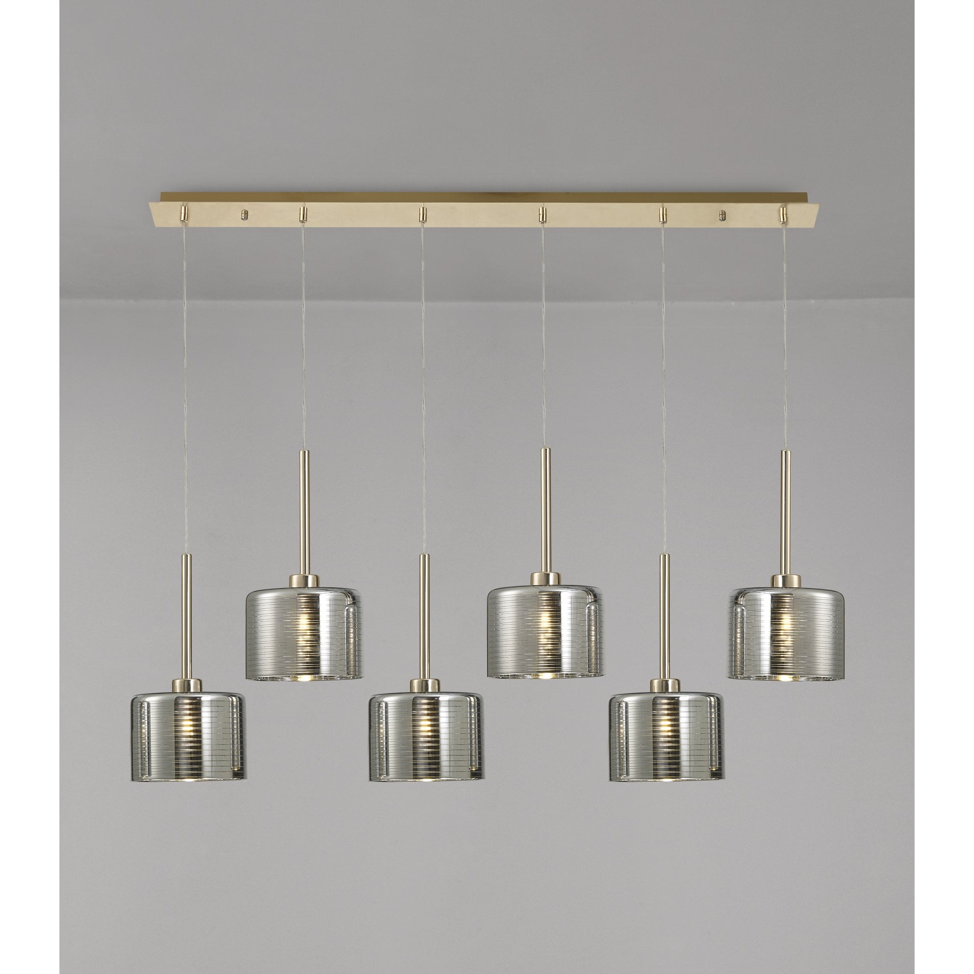 Fabula Tamworth 6 Light Linear Pendant - Short Cylinder Shades - French Gold & Chrome Lined Glass