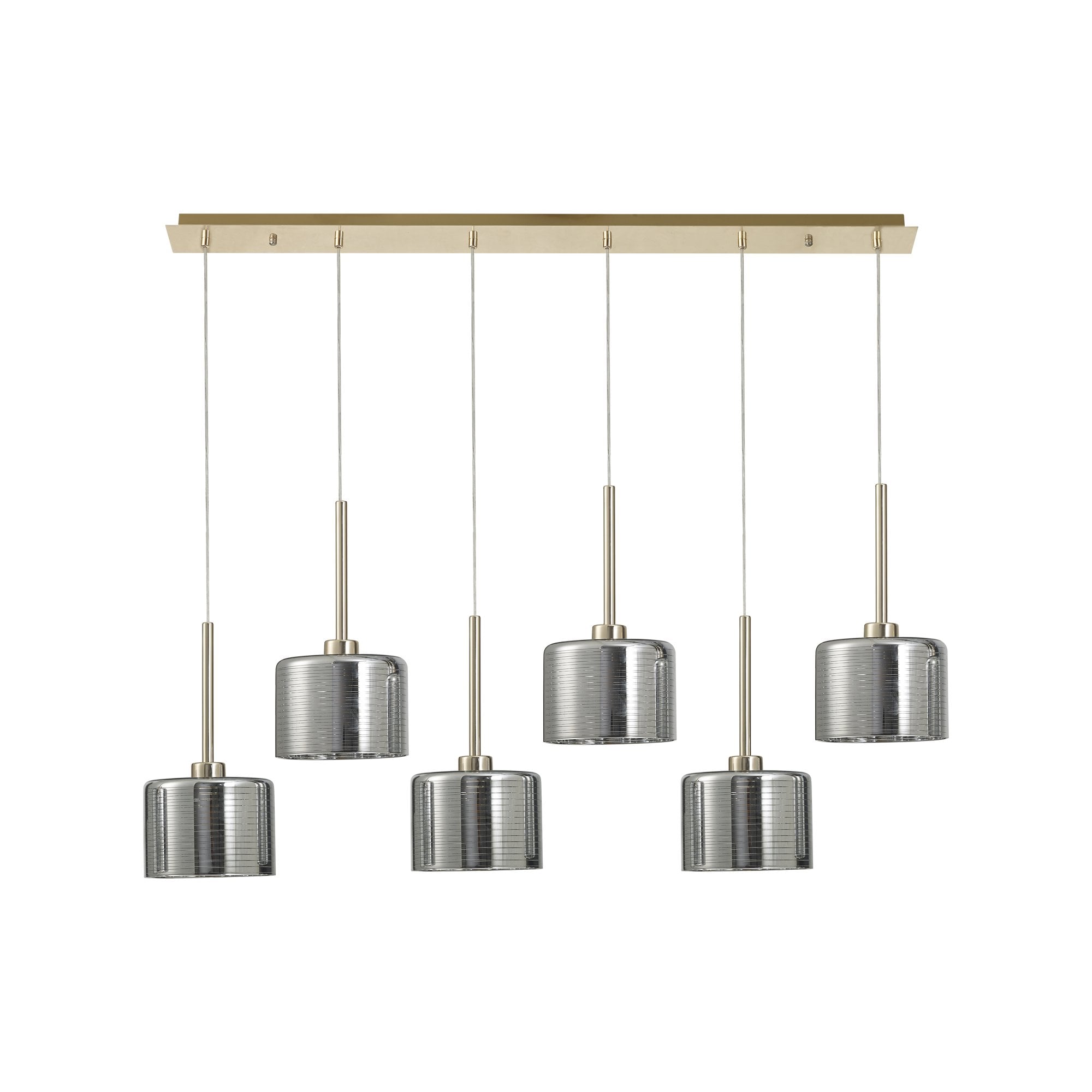 Fabula Tamworth 6 Light Linear Pendant - Short Cylinder Shades - French Gold & Chrome Lined Glass