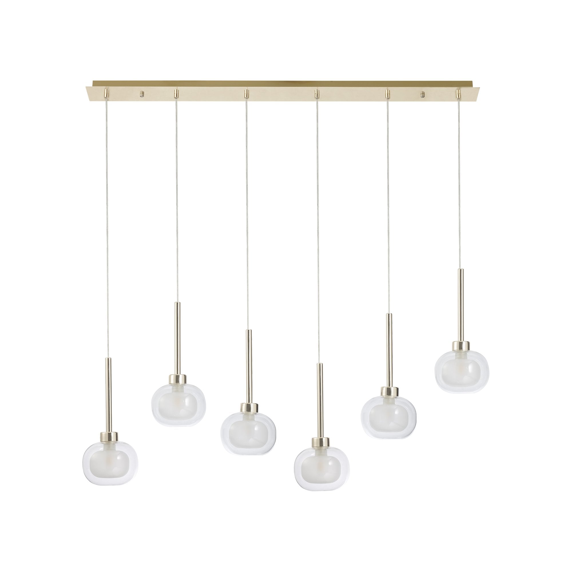 Fabula Tamworth 6 Light Linear Pendant - Flattened Round Shades with Inner Frosted Globes - French Gold, Clear & Frosted Glass