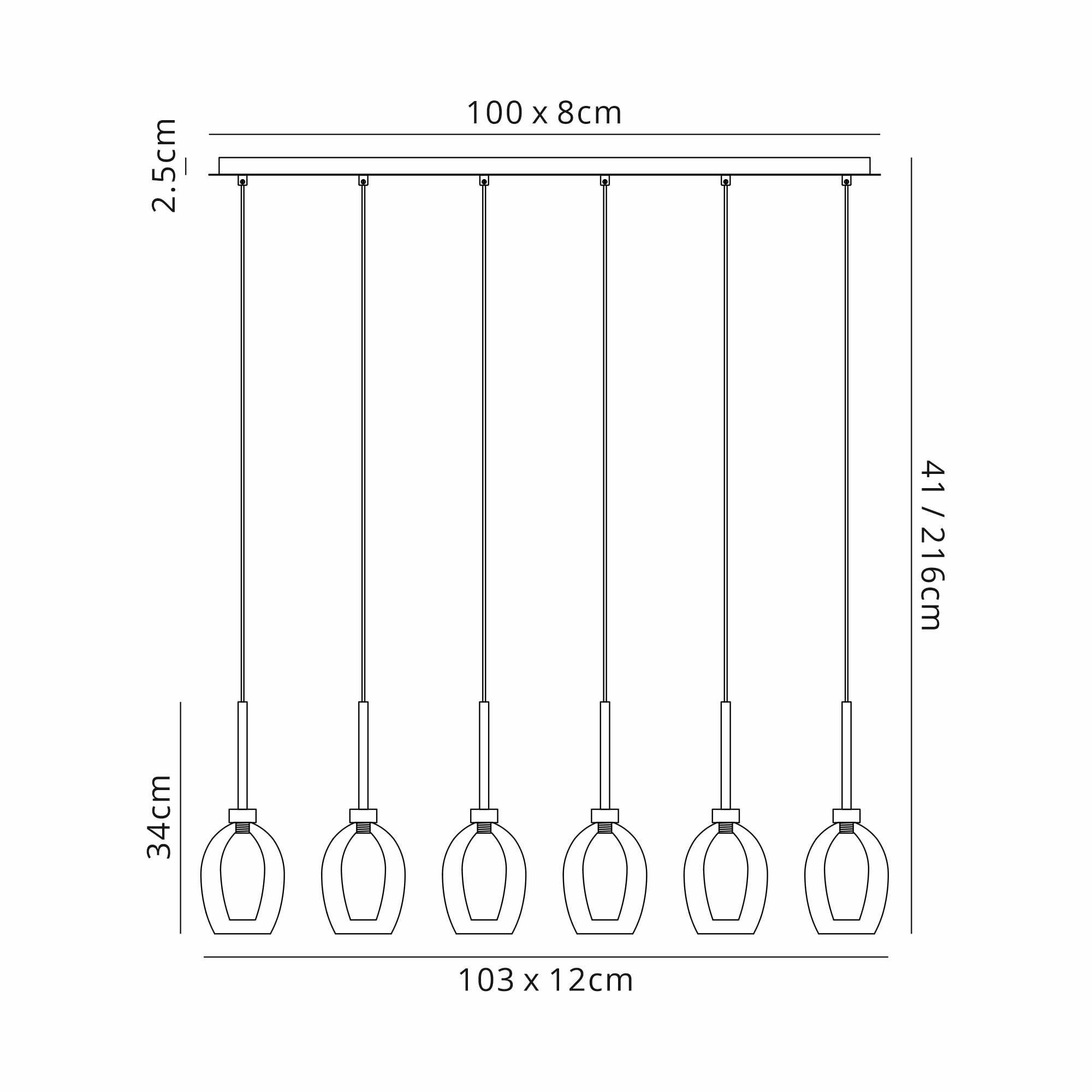 Fabula Tamworth 6 Light Linear Pendant - Wine Glass Shades with Inner Frosted Glass - French Gold, Smoked & Frosted Glass