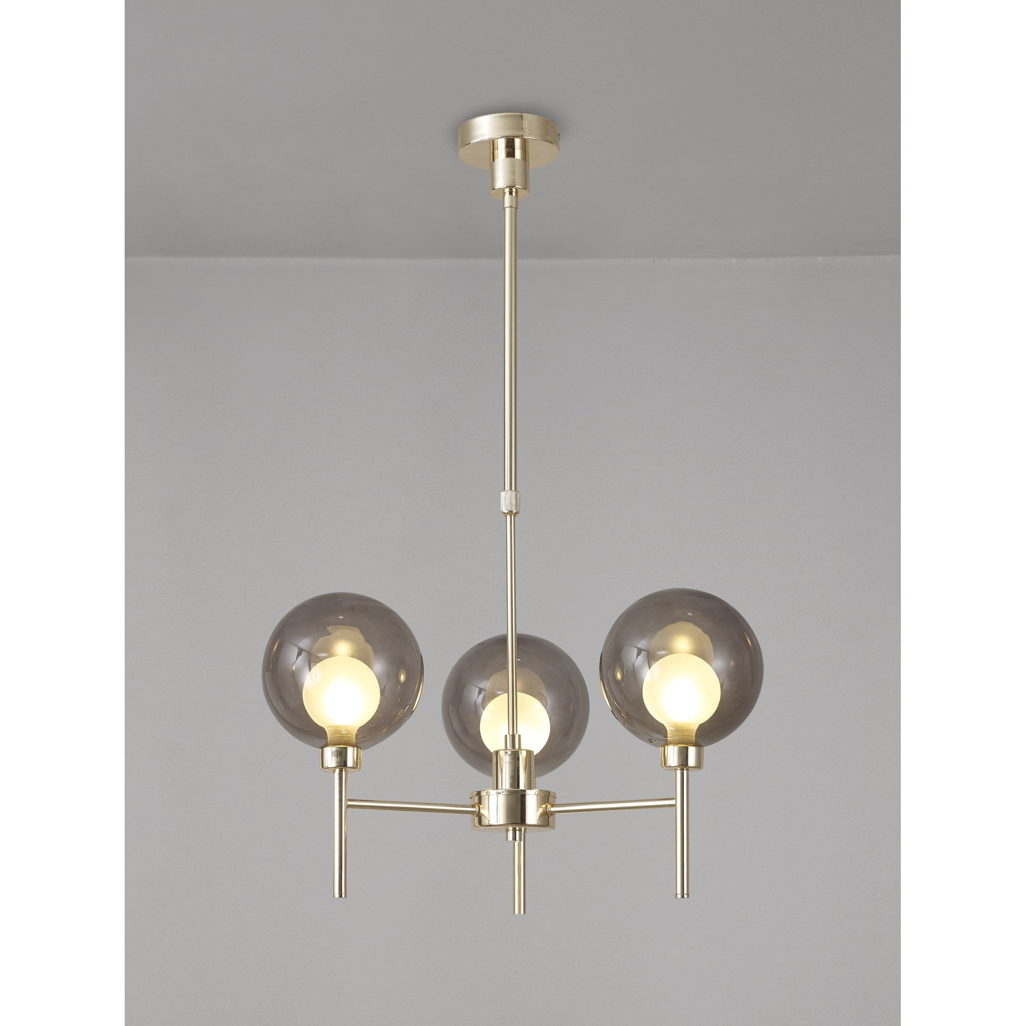 Fabula Tamworth 3 Light Telescopic Semi Flush - Round Shades with Inner Frosted Globes - French Gold, Smoked & Frosted Glass