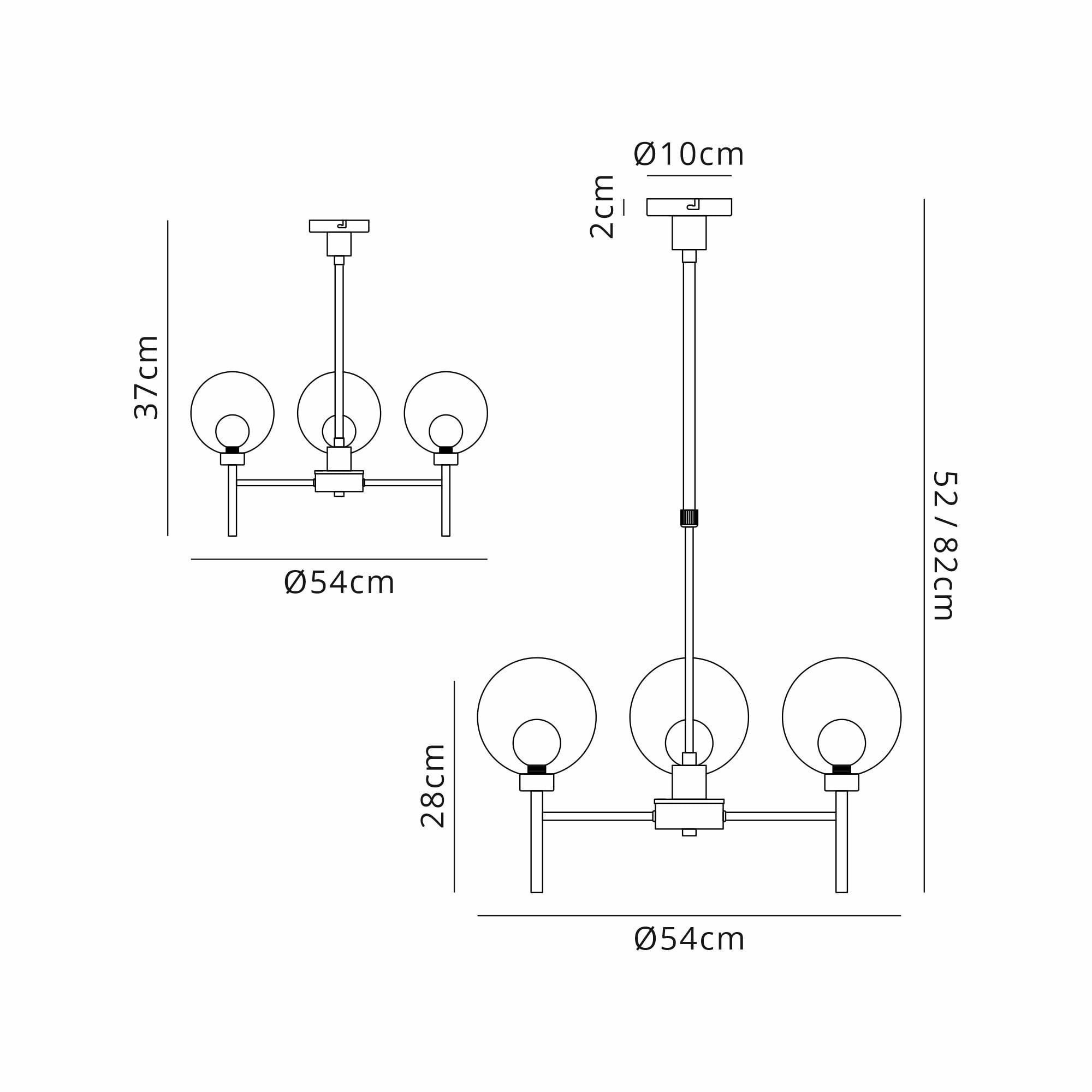 Fabula Tamworth 3 Light Telescopic Semi Flush - Round Shades with Inner Frosted Globes - French Gold, Smoked & Frosted Glass