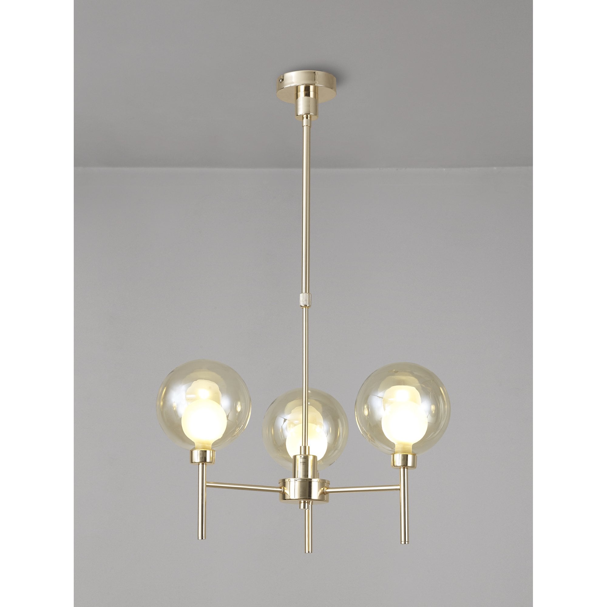 Fabula Tamworth 3 Light Telescopic Semi Flush - Round Shades with Inner Frosted Globes - French Gold, Cognac & Frosted Glass