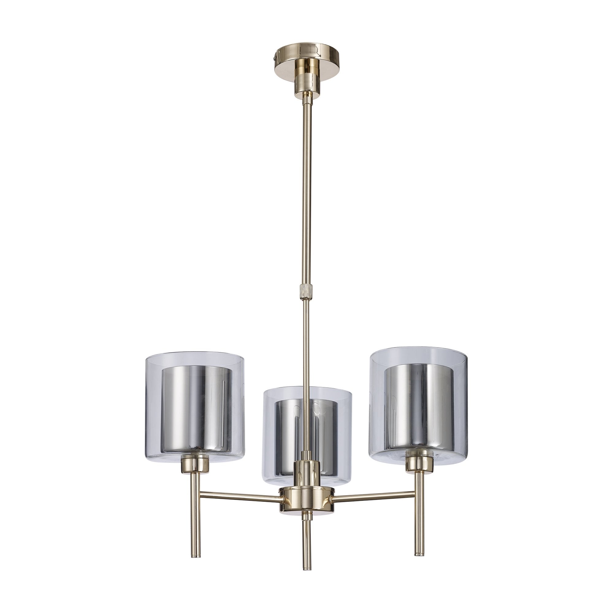 Fabula Tamworth 3 Light Telescopic Semi Flush - Medium Cylinder Shades with Clear Outer Glass - French Gold, Chrome & Clear Glass