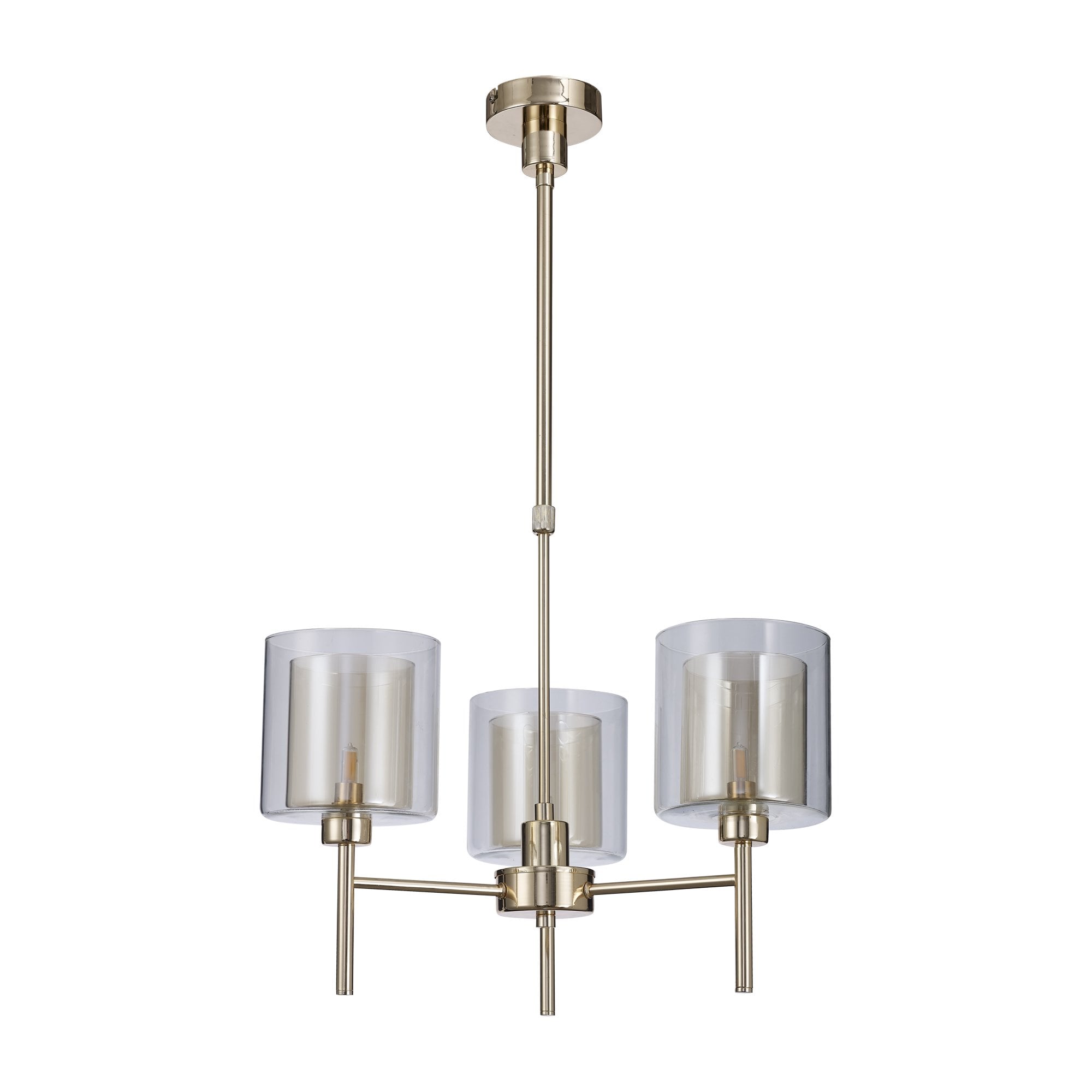 Fabula Tamworth 3 Light Telescopic Semi Flush - Medium Cylinder Shades with Clear Outer Glass - French Gold, Cognac & Clear Glass