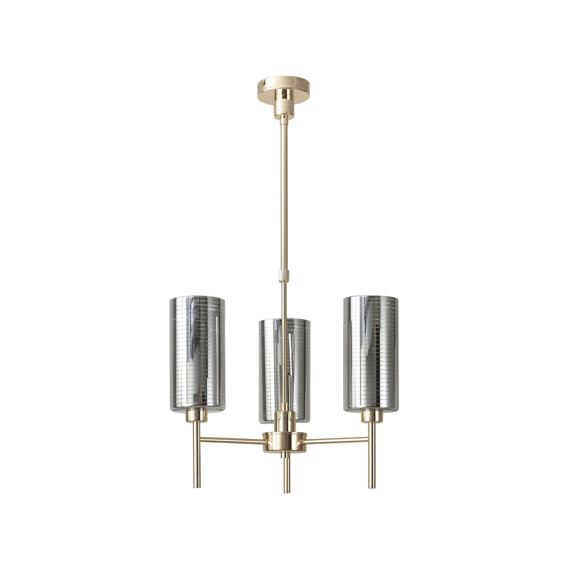Fabula Tamworth 3 Light Telescopic Semi Flush - Tall Cylinder Shades - French Gold & Chrome Lined Glass