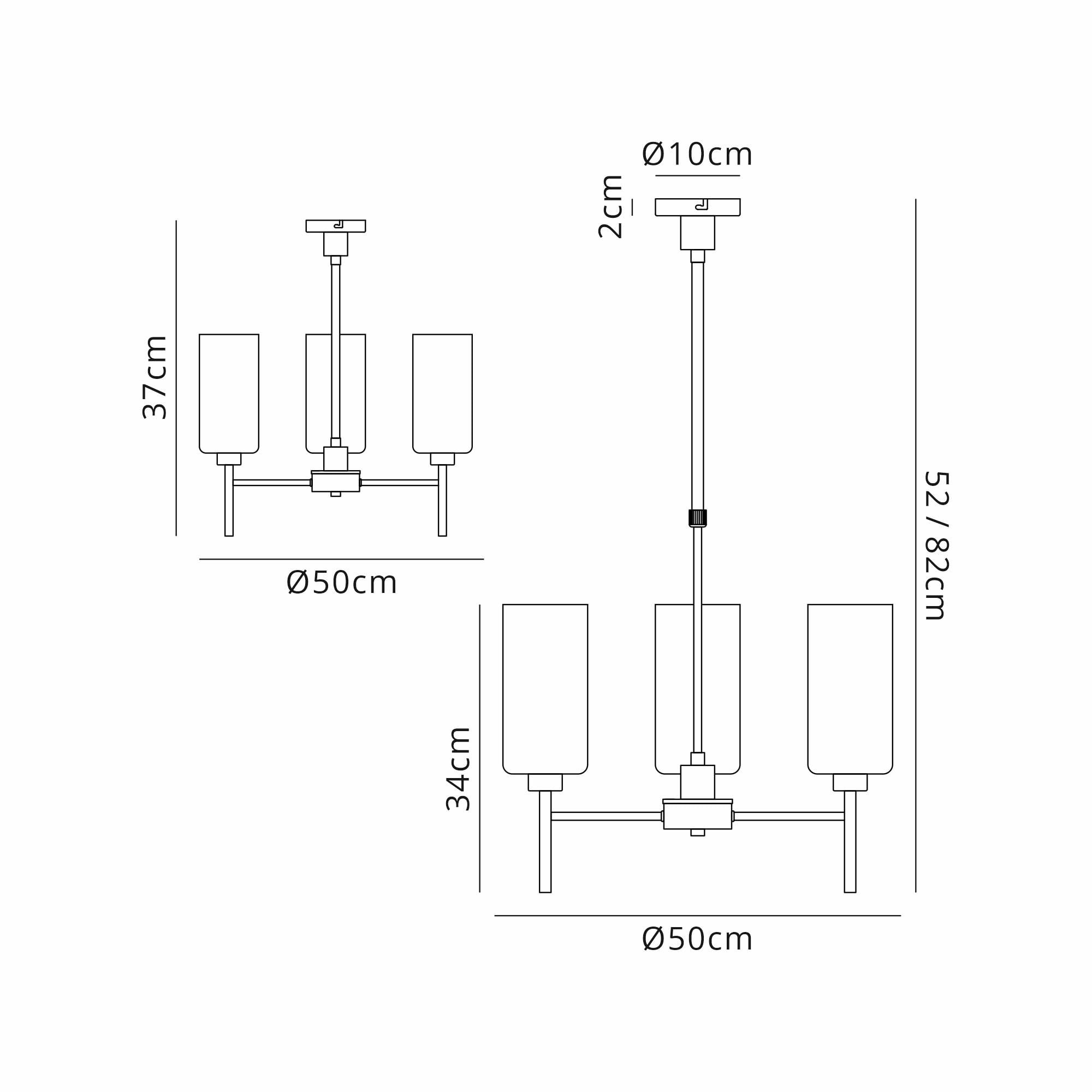 Fabula Tamworth 3 Light Telescopic Semi Flush - Tall Cylinder Shades - French Gold & Chrome Lined Glass