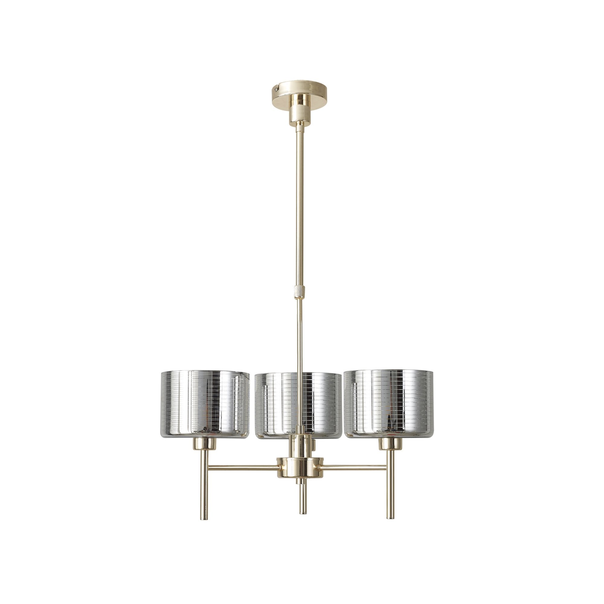 Fabula Tamworth 3 Light Telescopic Semi Flush - Short Cylinder Shades - French Gold & Chrome Lined Glass