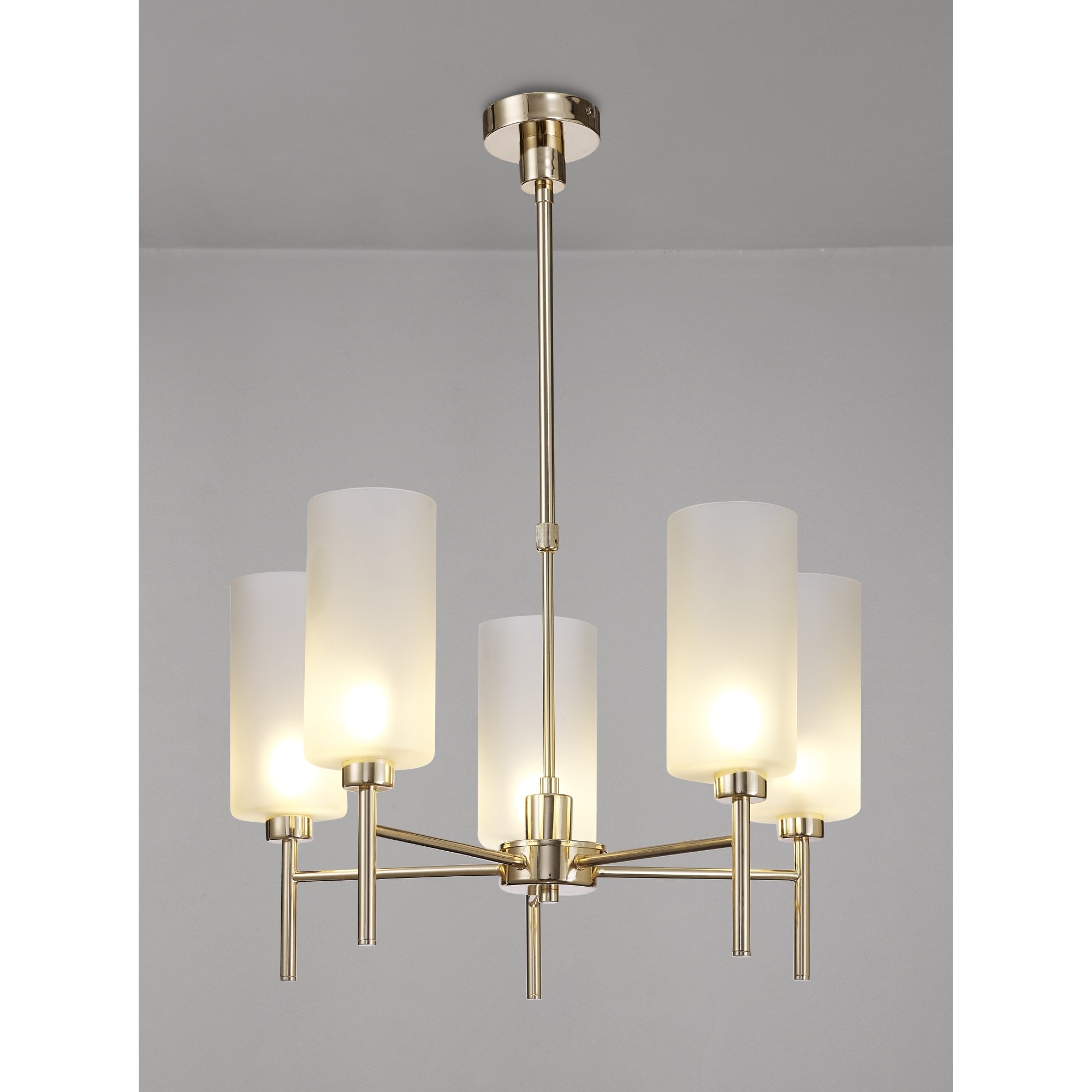 Fabula Tamworth 5 Light Telescopic Semi Flush - Tall Cylinder Shades - French Gold & Frosted Glass
