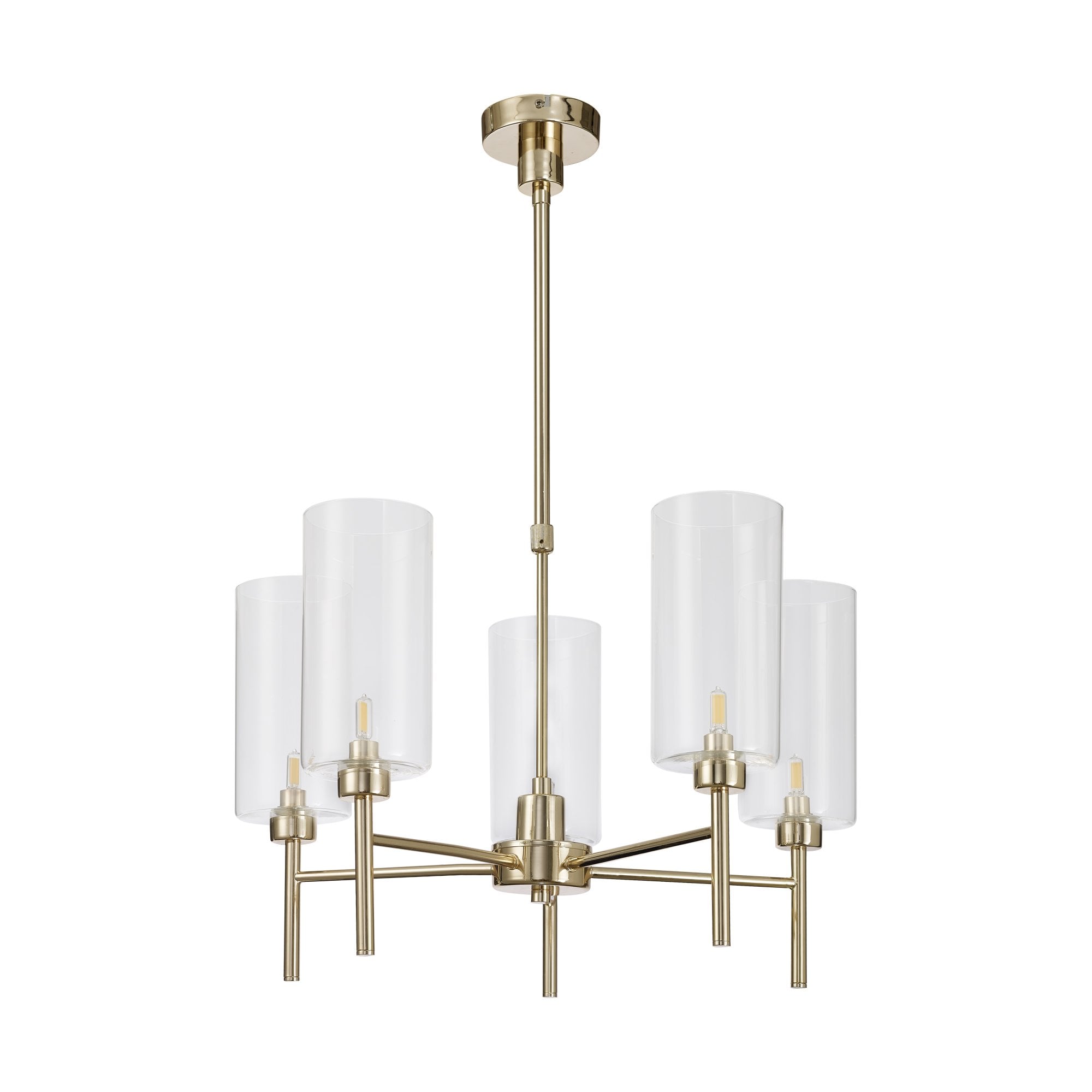 Fabula Tamworth 5 Light Telescopic Semi Flush - Tall Cylinder Shades - French Gold & Clear Glass