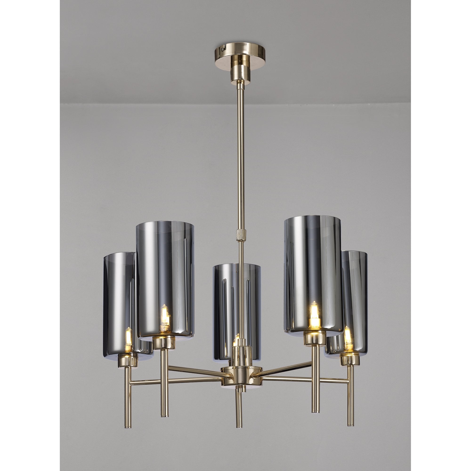 Fabula Tamworth 5 Light Telescopic Semi Flush - Tall Cylinder Shades - French Gold & Chrome Glass