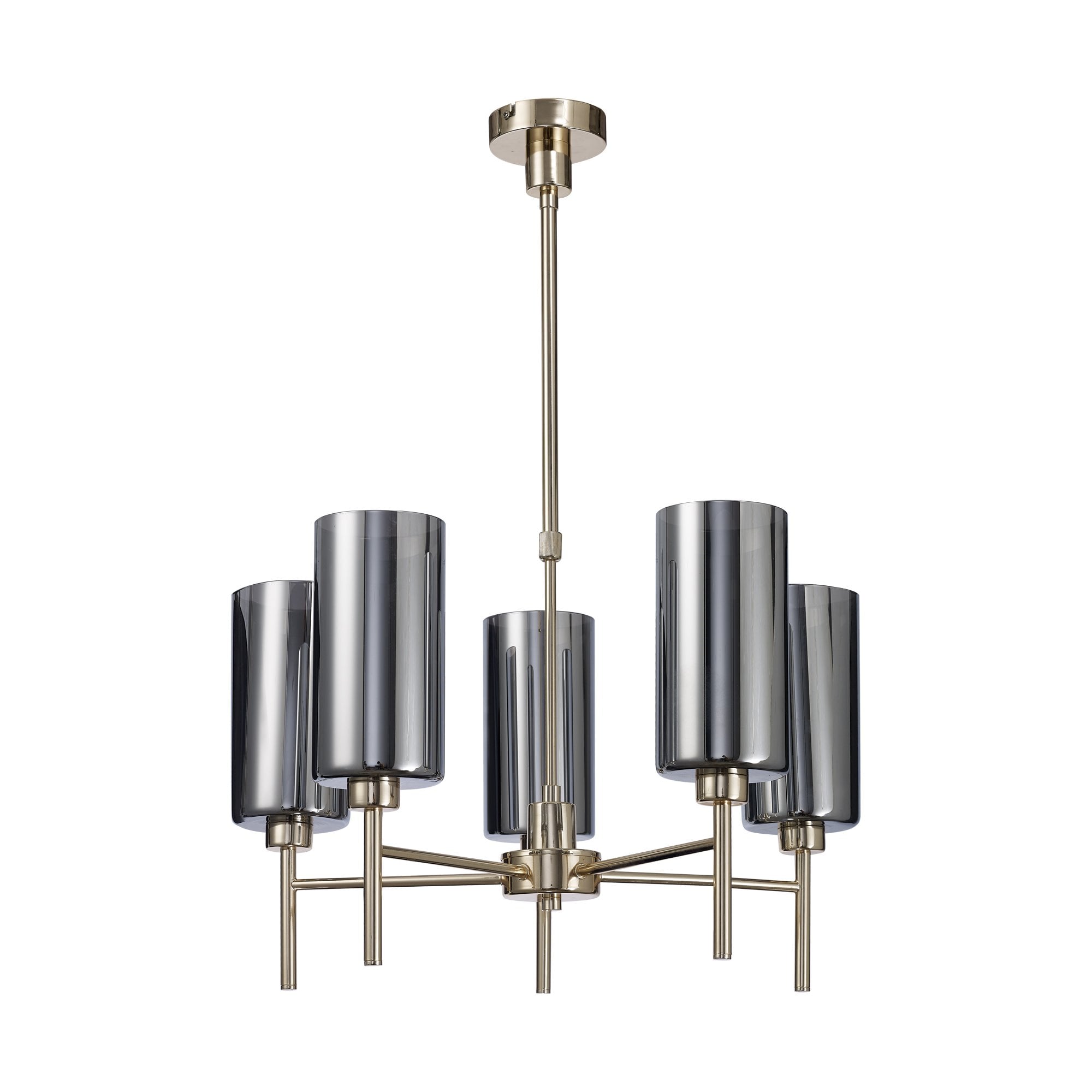 Fabula Tamworth 5 Light Telescopic Semi Flush - Tall Cylinder Shades - French Gold & Chrome Glass