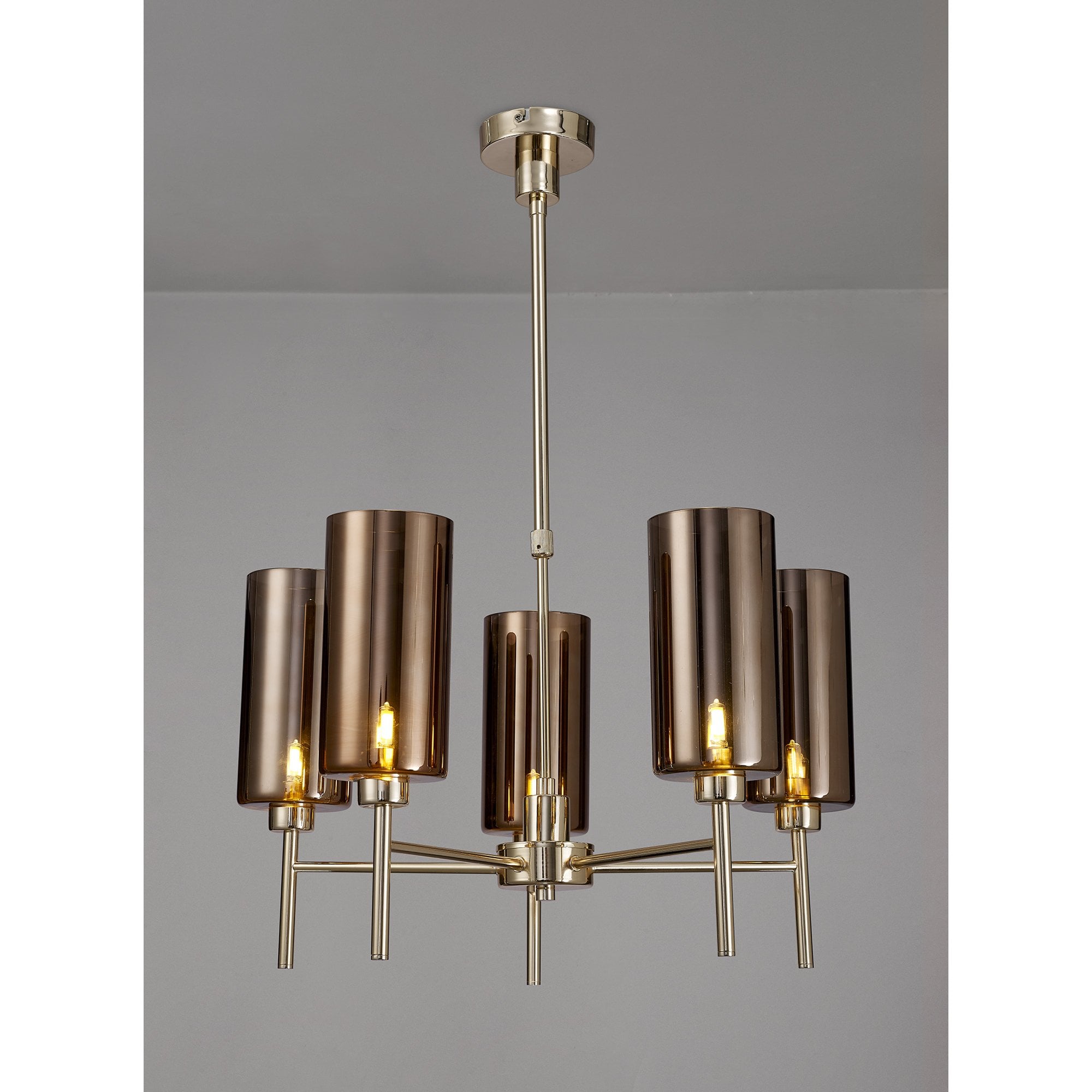 Fabula Tamworth 5 Light Telescopic Semi Flush - Tall Cylinder Shades - French Gold & Copper Glass