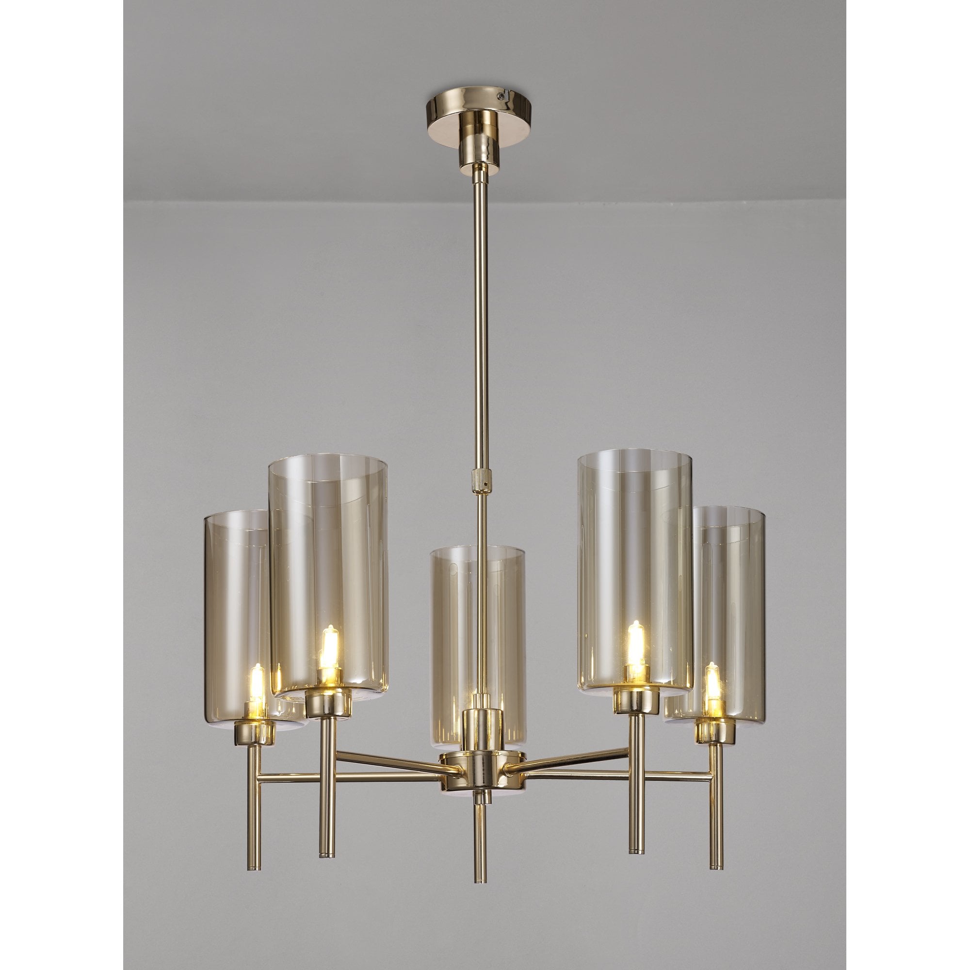 Fabula Tamworth 5 Light Telescopic Semi Flush - Tall Cylinder Shades - French Gold & Cognac Glass