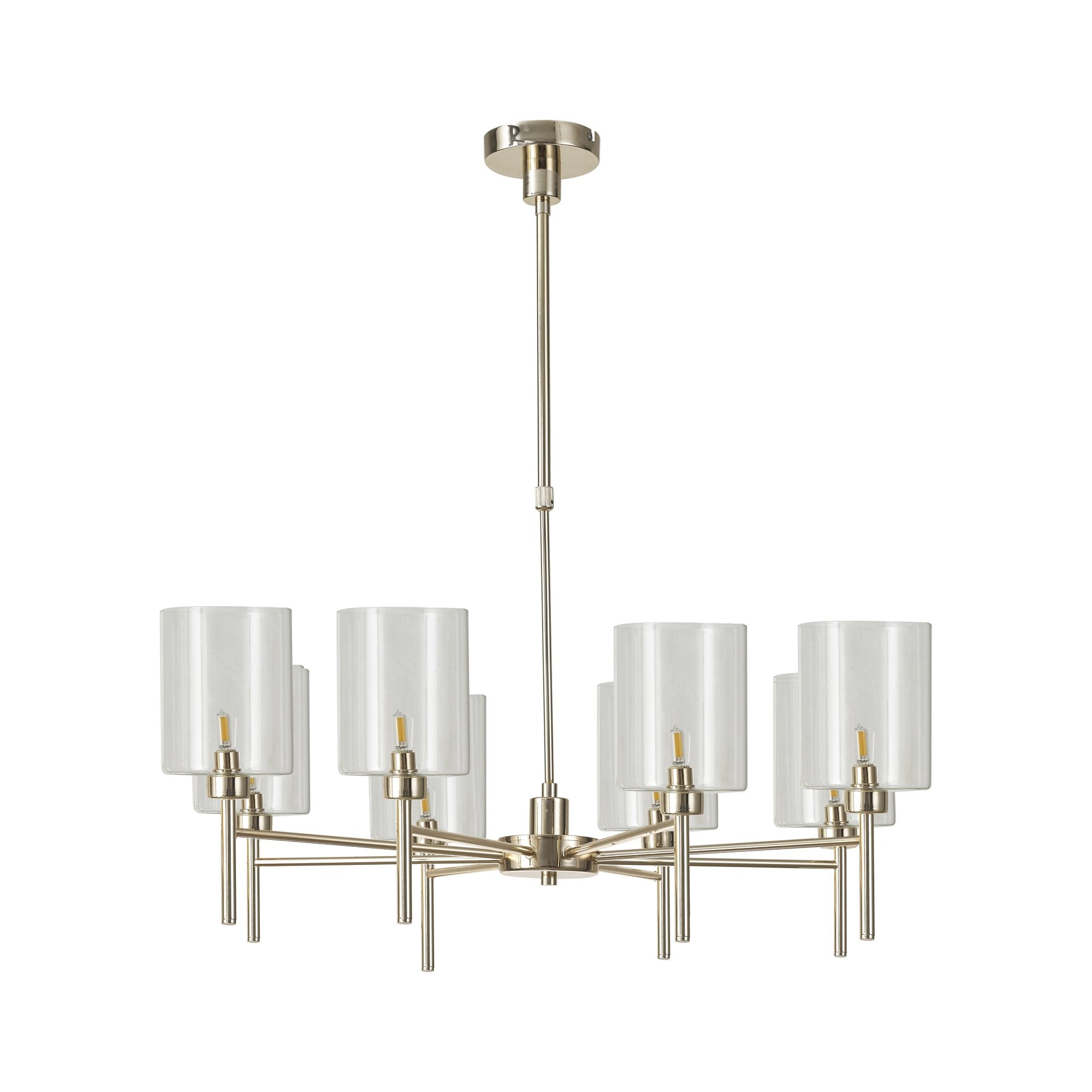 Fabula Tamworth 8 Light Telescopic Semi Flush - Medium Cylinder Shades - French Gold & Clear Glass