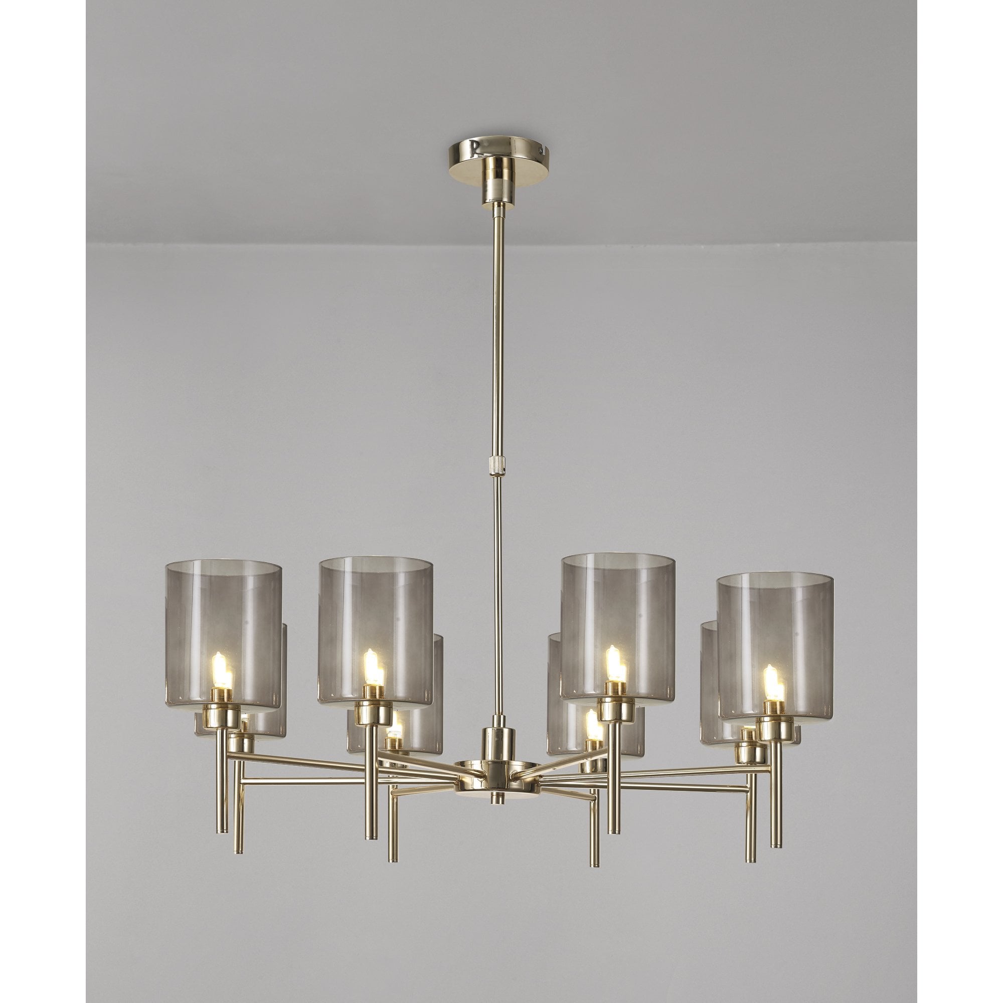 Fabula Tamworth 8 Light Telescopic Semi Flush - Medium Cylinder Shades - French Gold & Smoked Glass