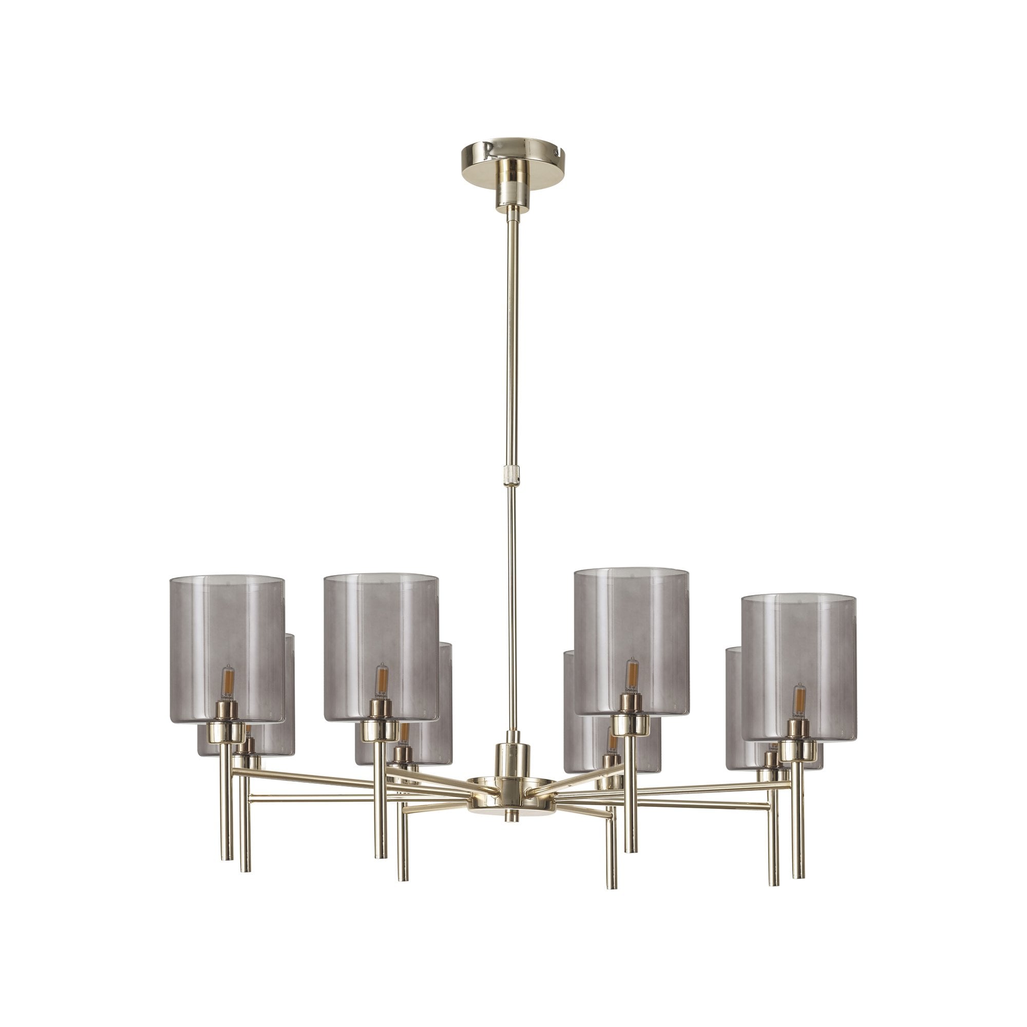 Fabula Tamworth 8 Light Telescopic Semi Flush - Medium Cylinder Shades - French Gold & Smoked Glass