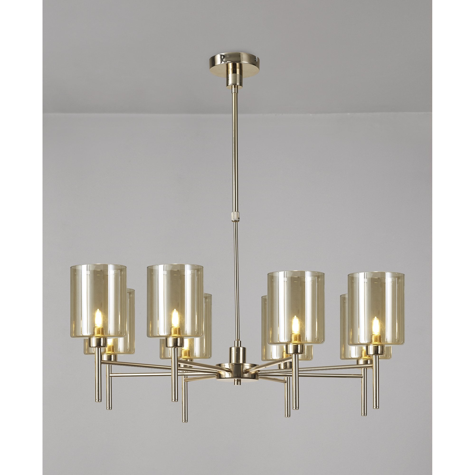 Fabula Tamworth 8 Light Telescopic Semi Flush - Medium Cylinder Shades - French Gold & Cognac Glass