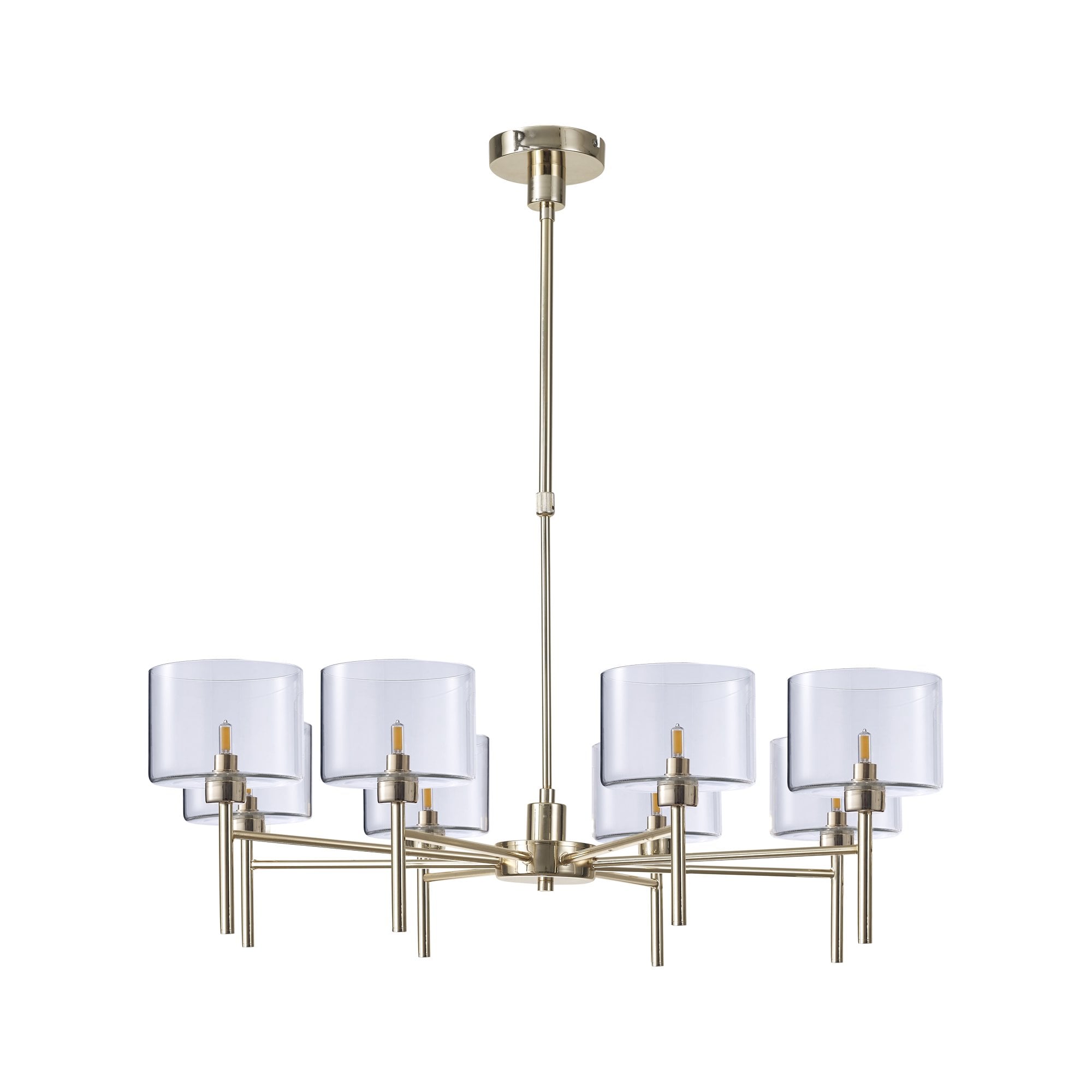 Fabula Tamworth 8 Light Telescopic Semi Flush - Short Cylinder Shades - French Gold & Clear Glass