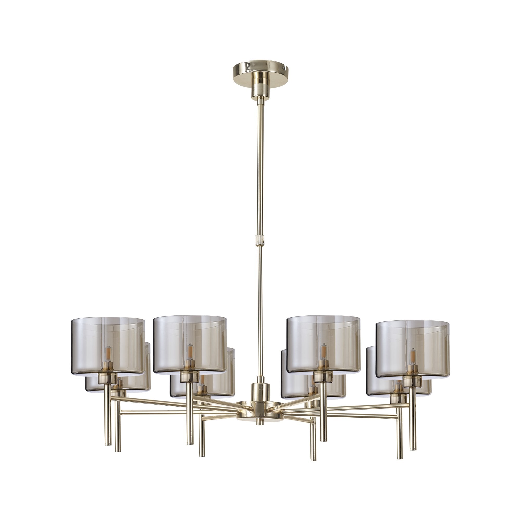 Fabula Tamworth 8 Light Telescopic Semi Flush - Short Cylinder Shades - French Gold & Cognac Glass