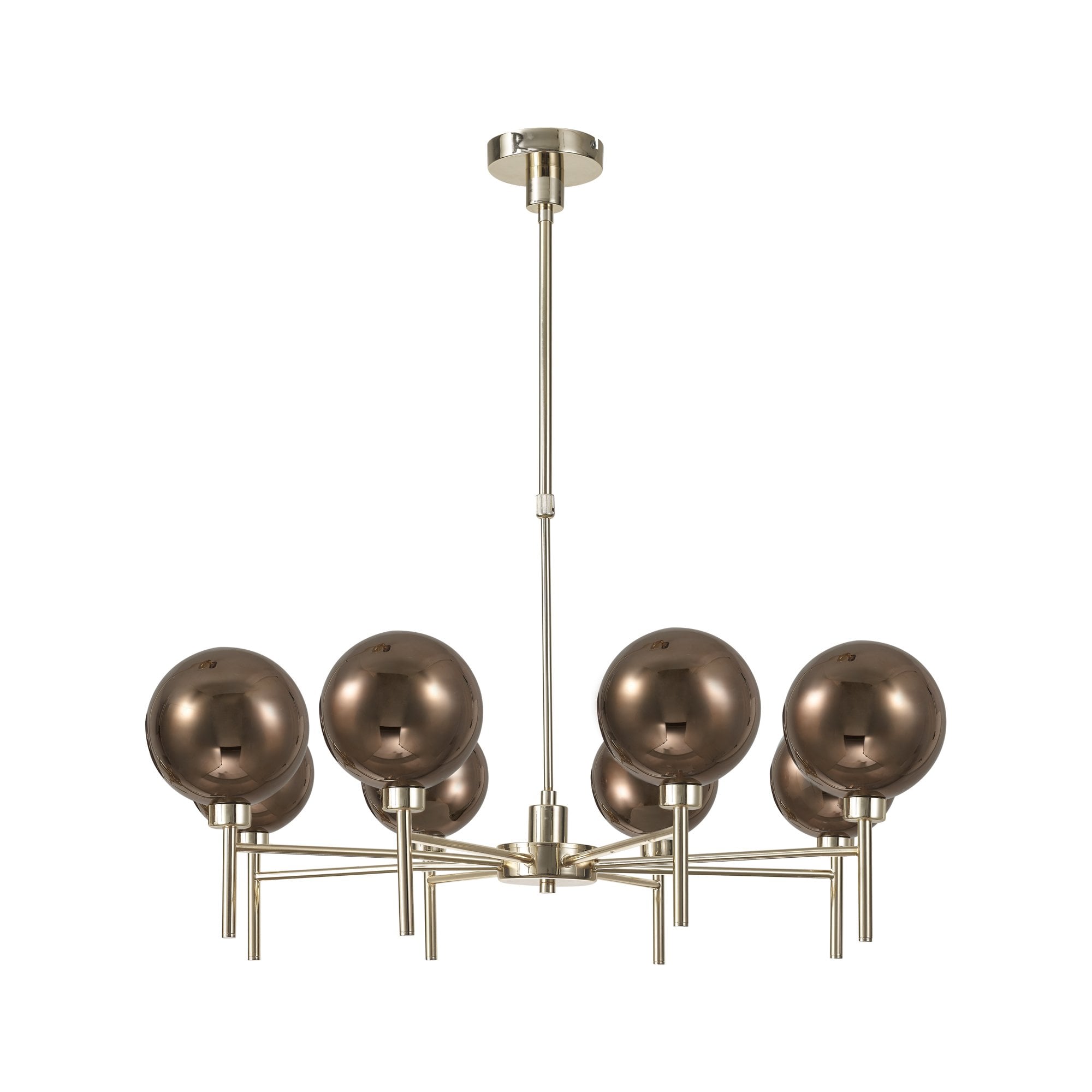Fabula Tamworth 8 Light Telescopic Semi Flush - Round Shades with Inner Frosted Globes - French Gold, Copper & Frosted Glass