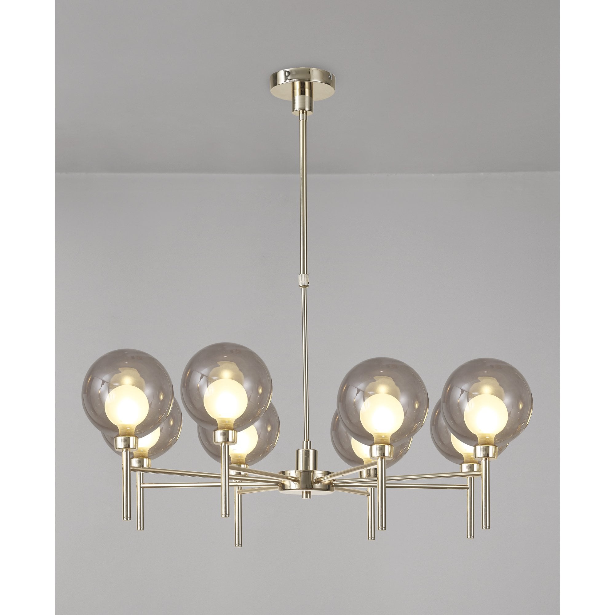 Fabula Tamworth 8 Light Telescopic Semi Flush - Round Shades with Inner Frosted Globes - French Gold, Smoked & Frosted Glass