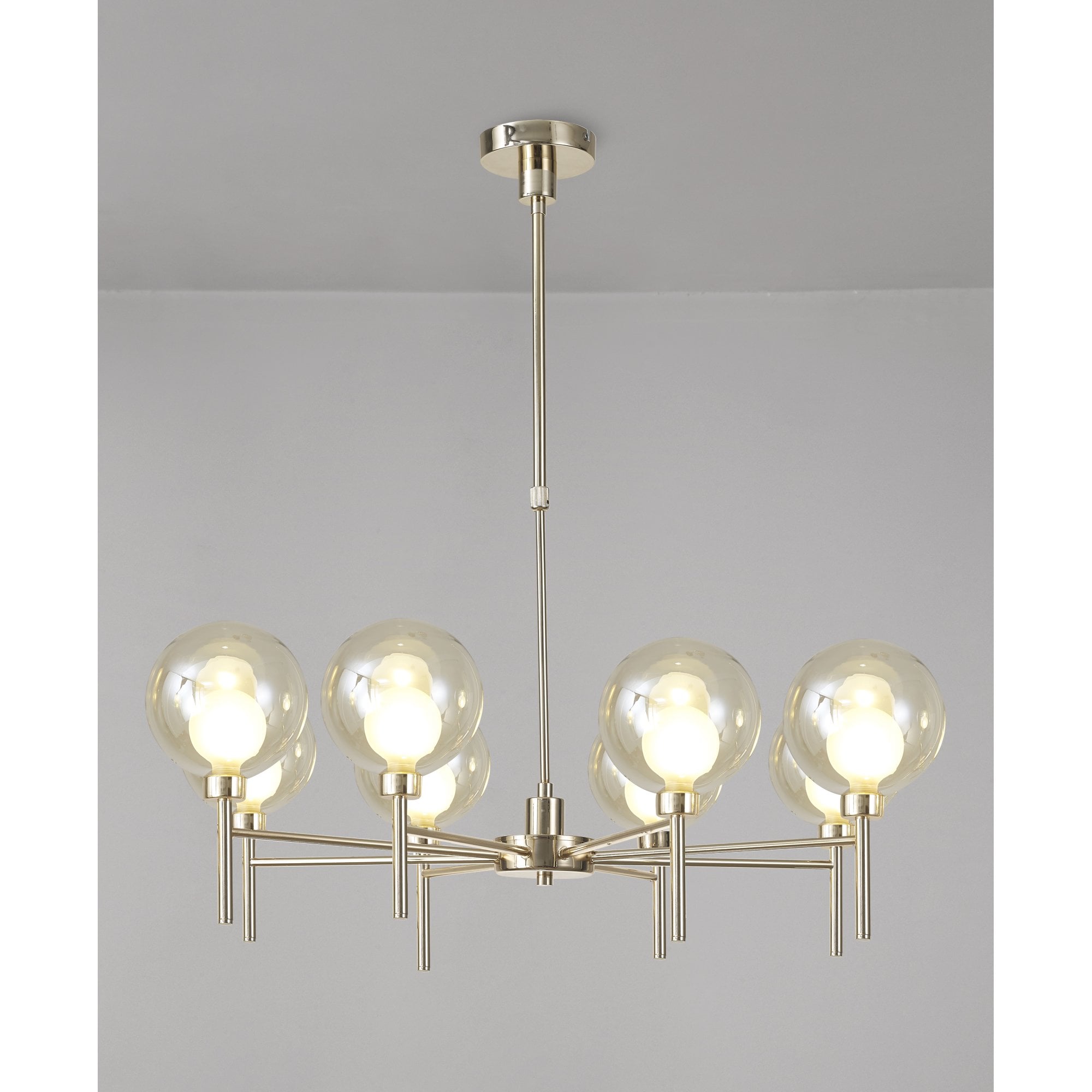 Fabula Tamworth 8 Light Telescopic Semi Flush - Round Shades with Inner Frosted Globes - French Gold, Cognac & Frosted Glass