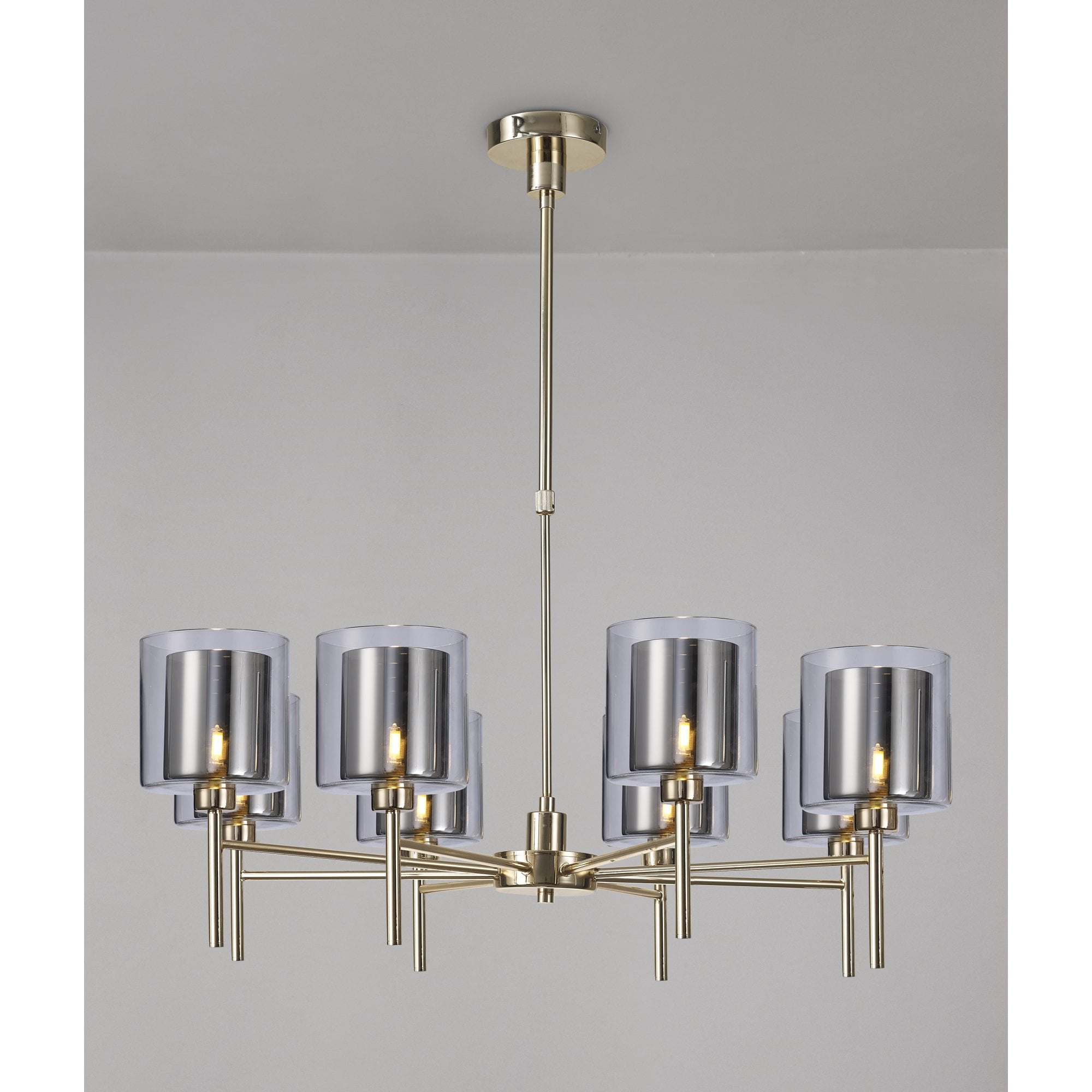 Fabula Tamworth 8 Light Telescopic Semi Flush - Medium Cylinder Shades with Clear Outer Glass - French Gold, Chrome & Clear Glass