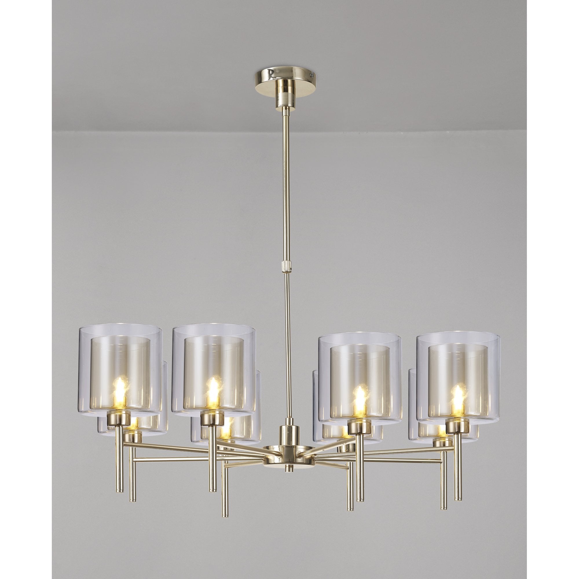 Fabula Tamworth 8 Light Telescopic Semi Flush - Medium Cylinder Shades with Clear Outer Glass - French Gold, Cognac & Clear Glass