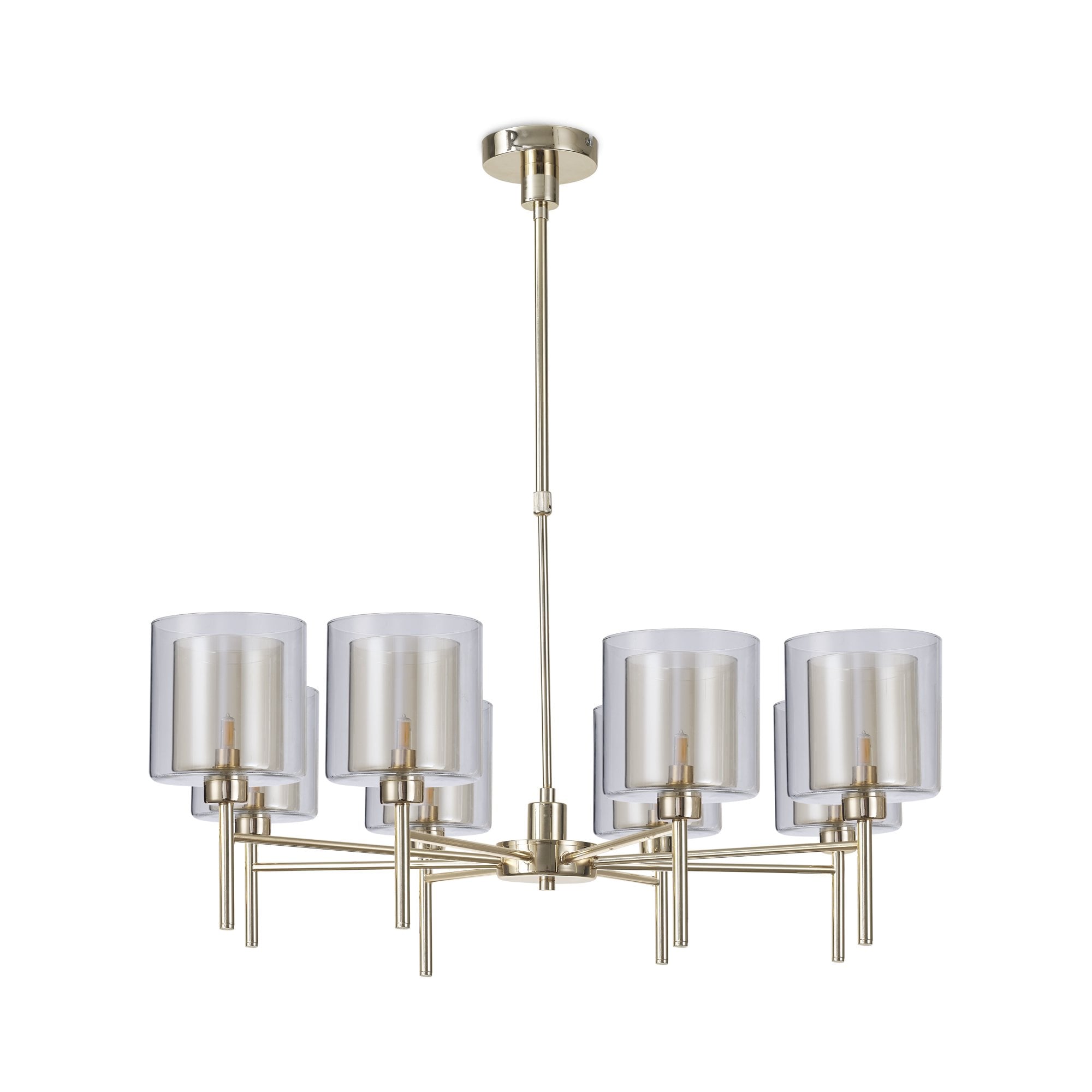 Fabula Tamworth 8 Light Telescopic Semi Flush - Medium Cylinder Shades with Clear Outer Glass - French Gold, Cognac & Clear Glass