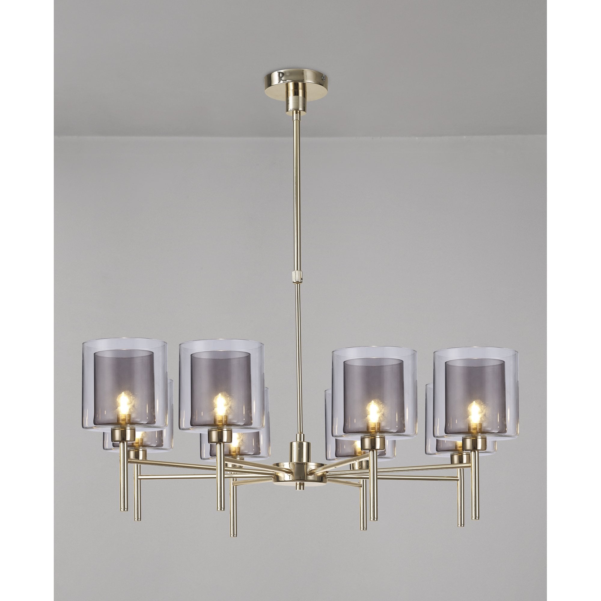 Fabula Tamworth 8 Light Telescopic Semi Flush - Medium Cylinder Shades with Clear Outer Glass - French Gold, Smoked & Clear Glass