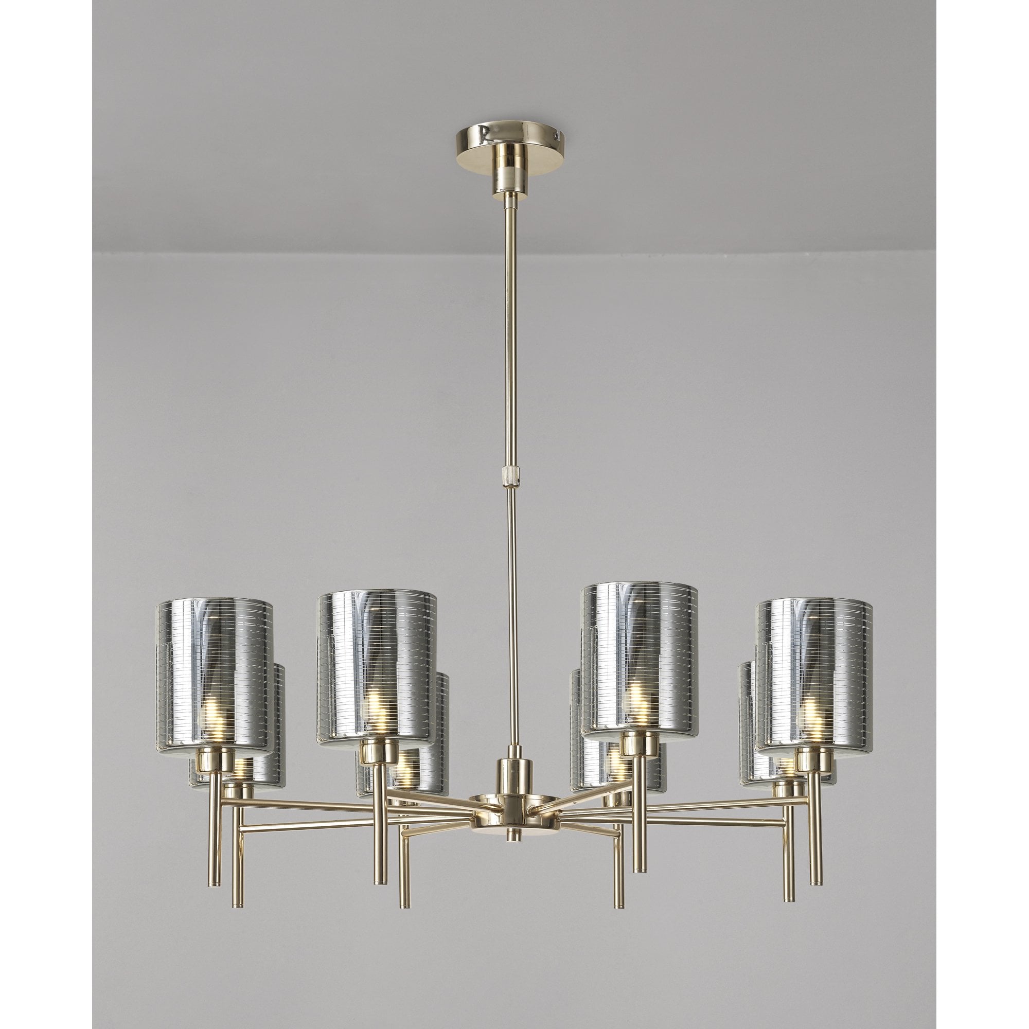 Fabula Tamworth 8 Light Telescopic Semi Flush - Medium Cylinder Shades - French Gold & Chrome Lined Glass