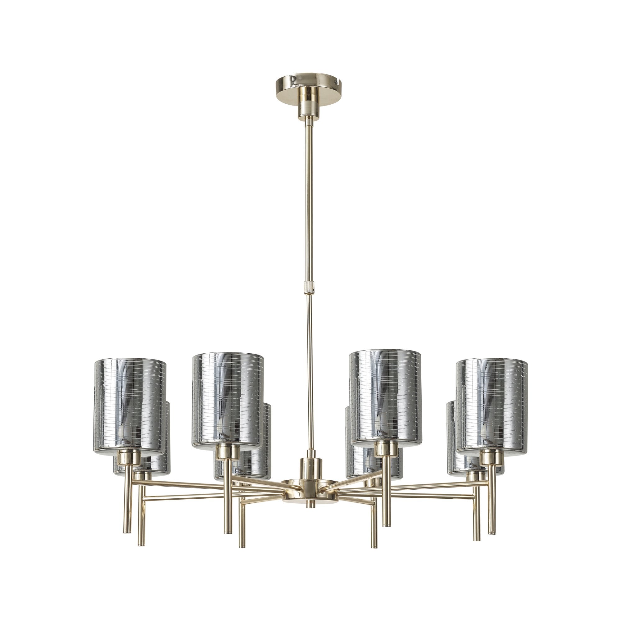 Fabula Tamworth 8 Light Telescopic Semi Flush - Medium Cylinder Shades - French Gold & Chrome Lined Glass