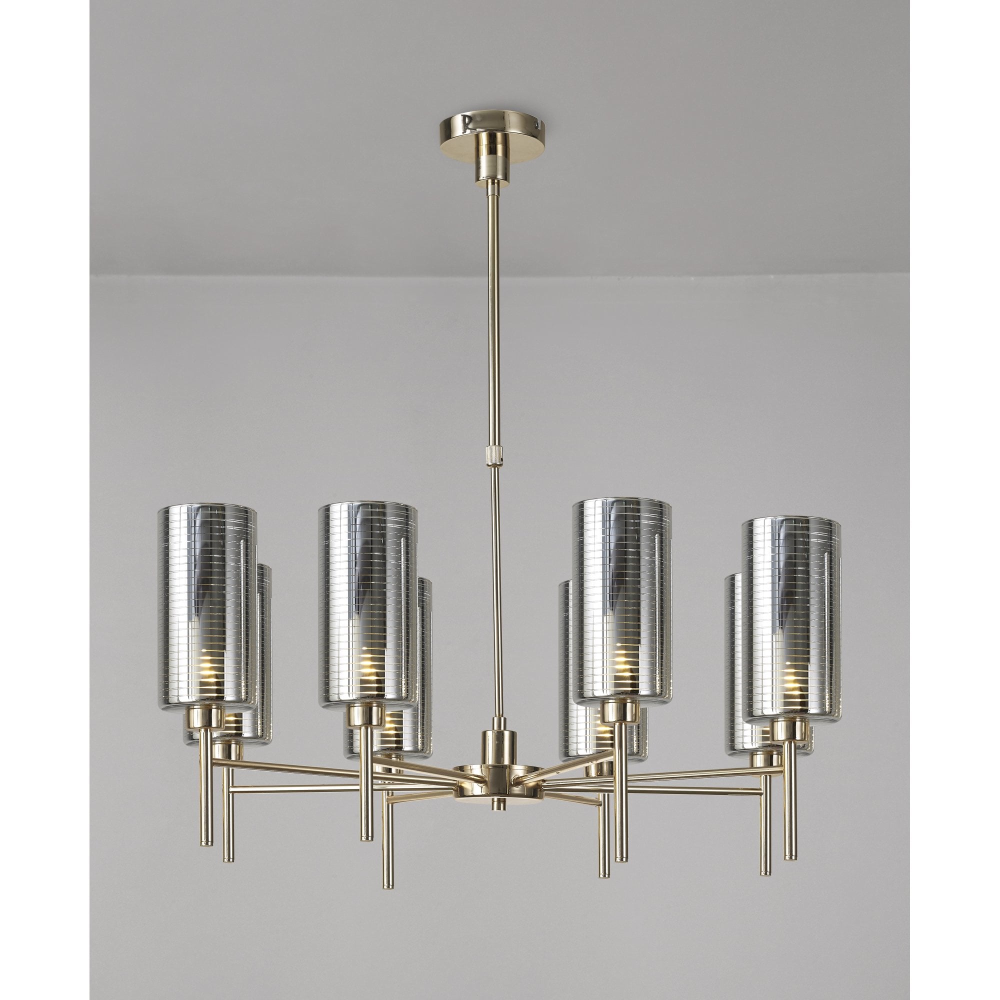 Fabula Tamworth 8 Light Telescopic Semi Flush - Tall Cylinder Shades - French Gold & Chrome Glass