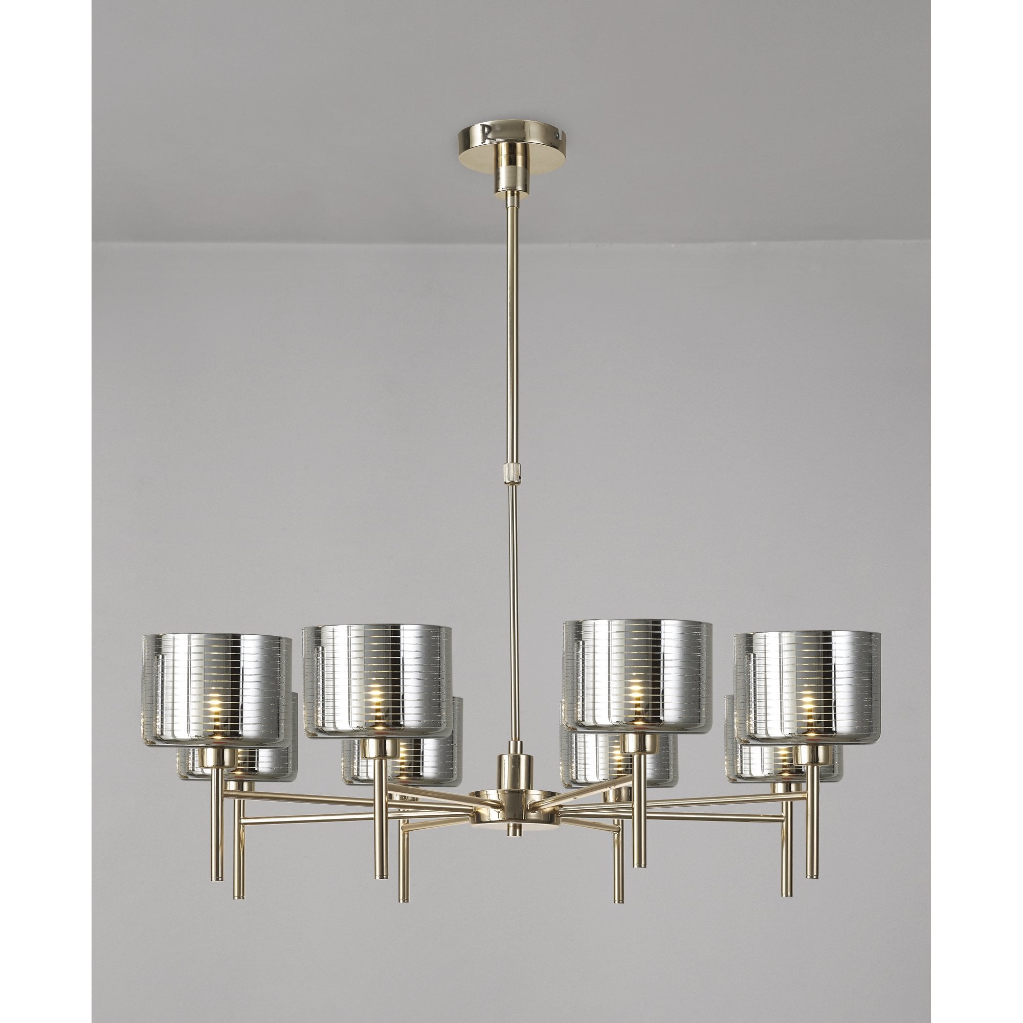 Fabula Tamworth 8 Light Telescopic Semi Flush - Short Cylinder Shades - French Gold & Chrome Lined Glass