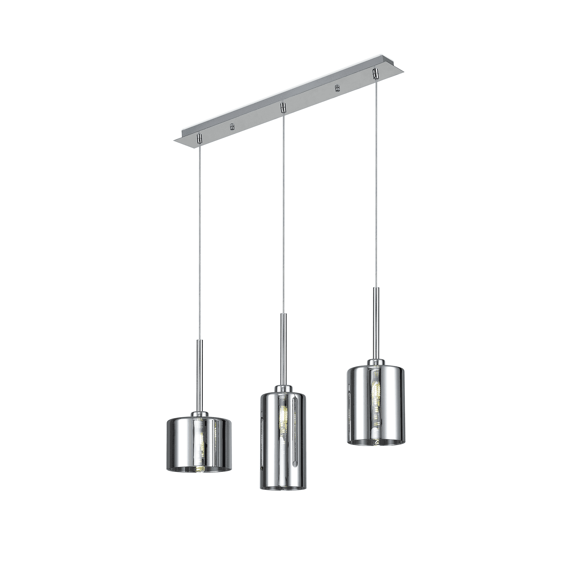 Fabula Tamworth 3 Light Linear Pendant - Mixed Cylinder Shades - Polished Chrome & Chrome Glass