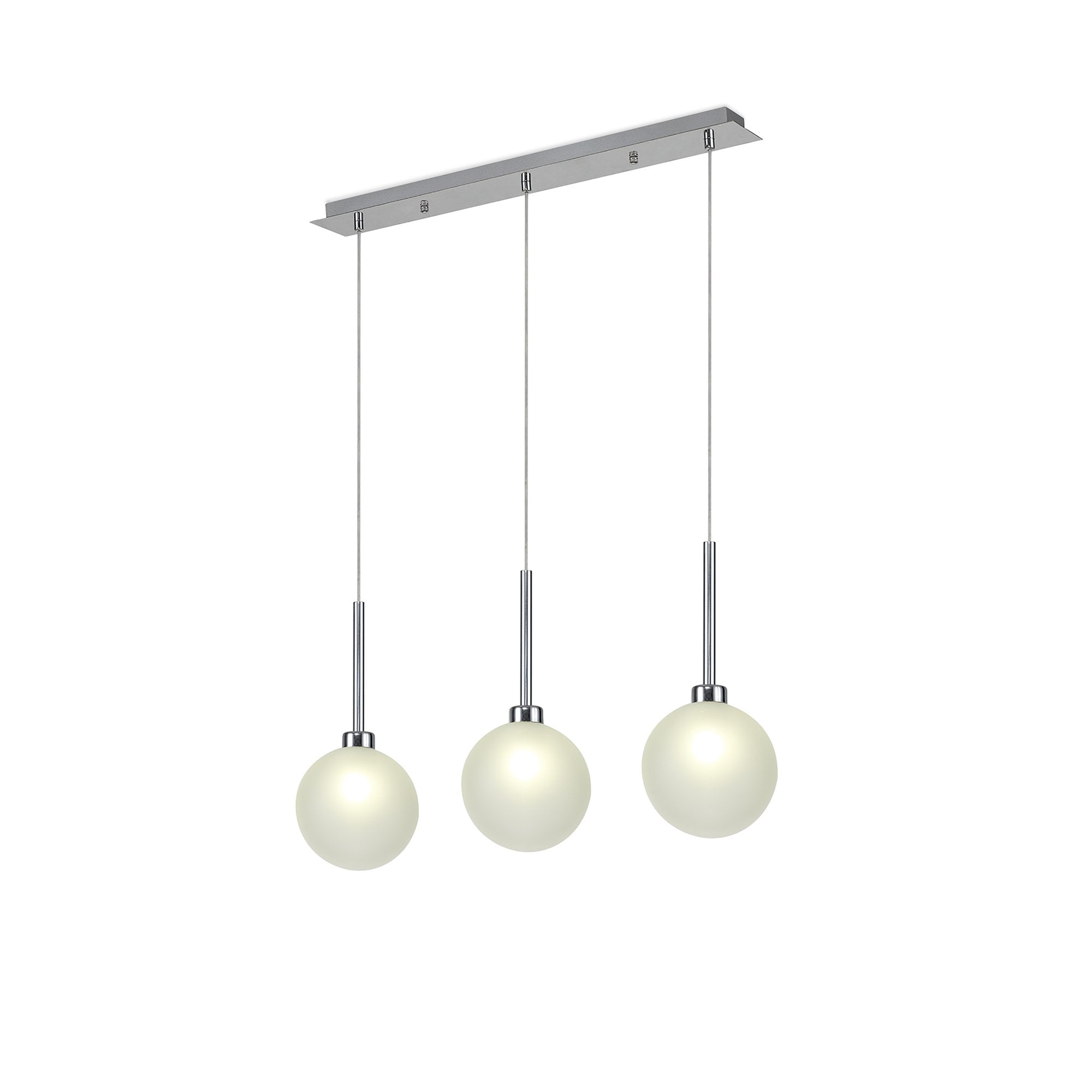 Fabula Tamworth 3 Light Linear Pendant - Round Shades with Inner Frosted Globes - Polished Chrome & Frosted Glass