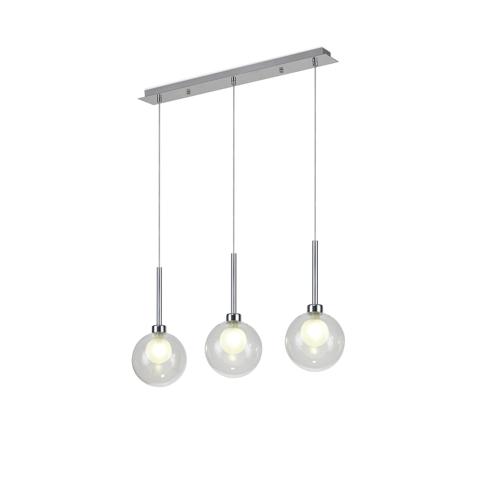 Fabula Tamworth 3 Light Linear Pendant - Round Shades with Inner Frosted Globes - Polished Chrome, Clear & Frosted Glass
